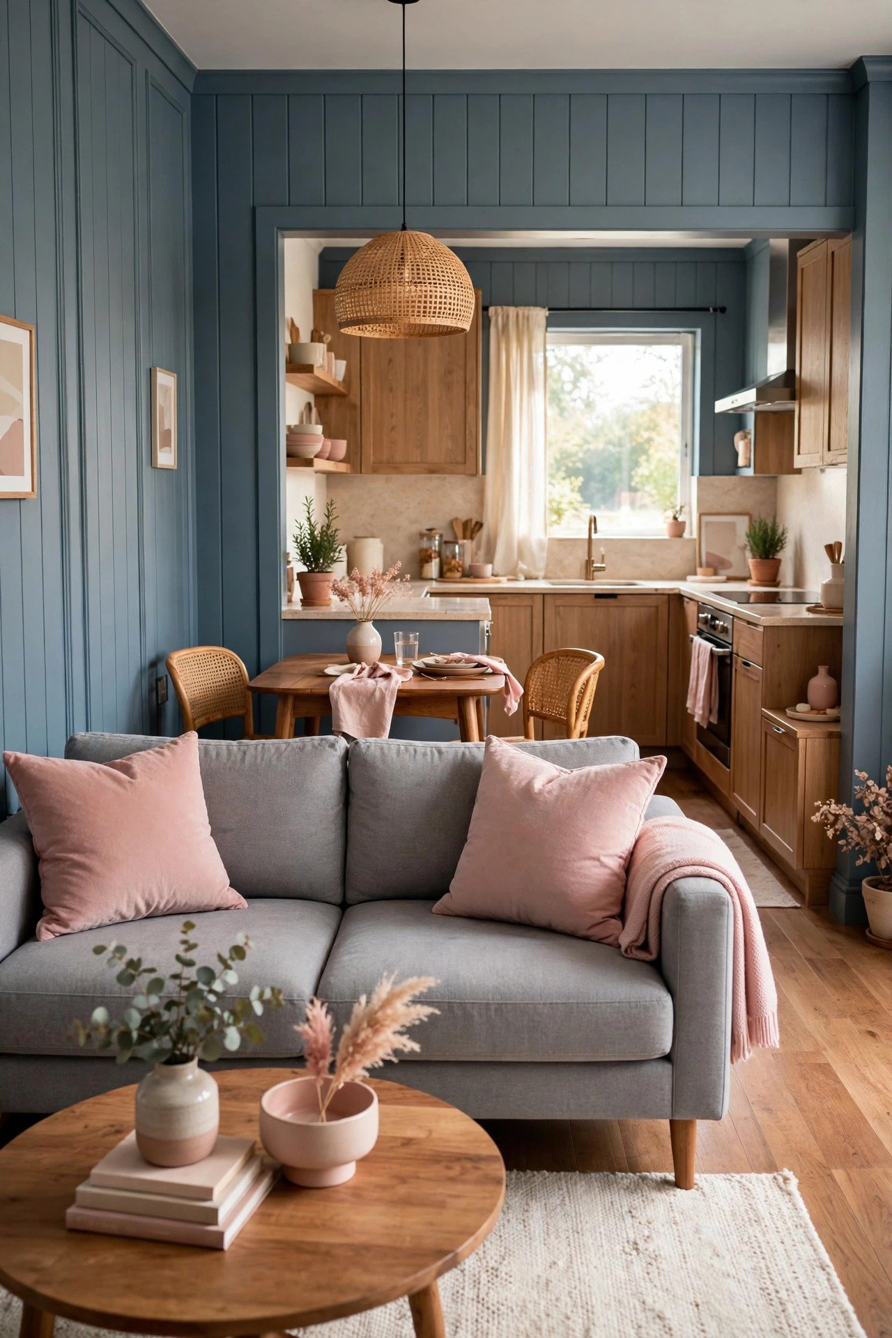 Moody blue panelled walls in a small open plan living room with dusty rose cushions and a soft gray sofa