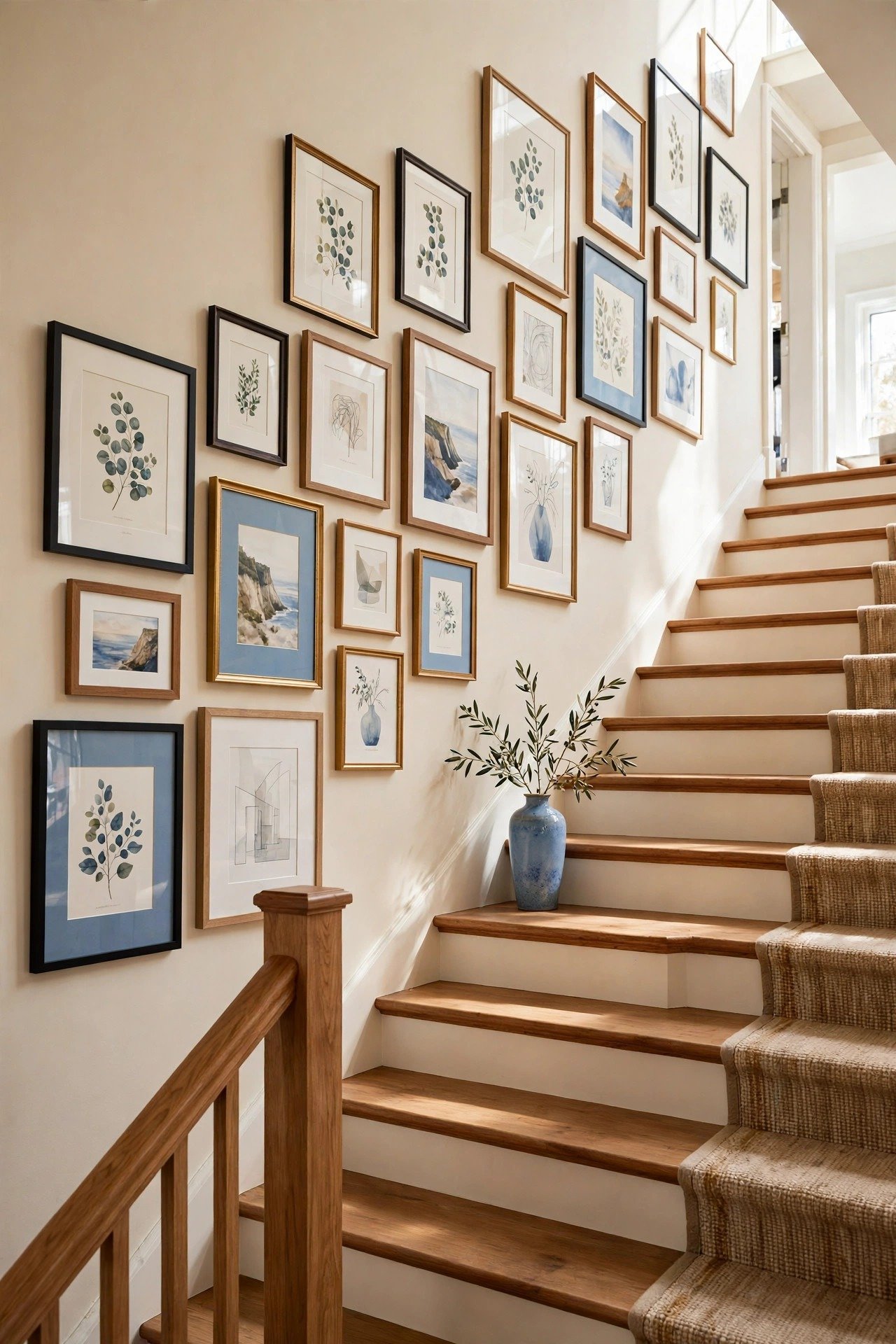 Grand gallery wall of framed art arranged along a staircase wall in an elegant home