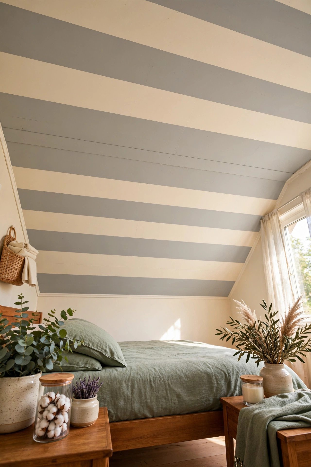 Striped ceiling paint idea with wide cream and soft gray stripes on a small bedroom ceiling