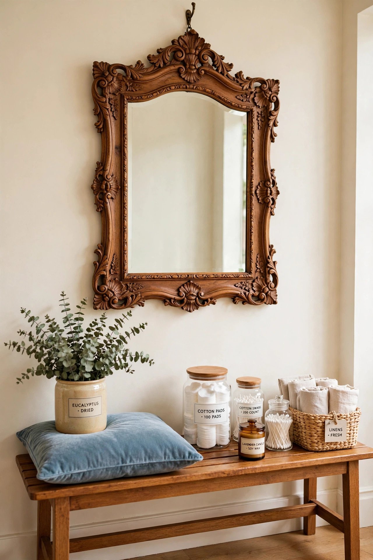 Thrift store decor idea with an ornate vintage mirror with a carved wooden frame on a cream wall