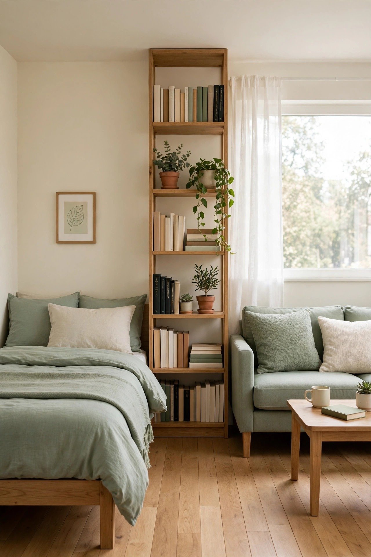 Tiny studio apartment layout idea with an open bookshelf dividing the sleeping area from the living zone in soft sage green tones