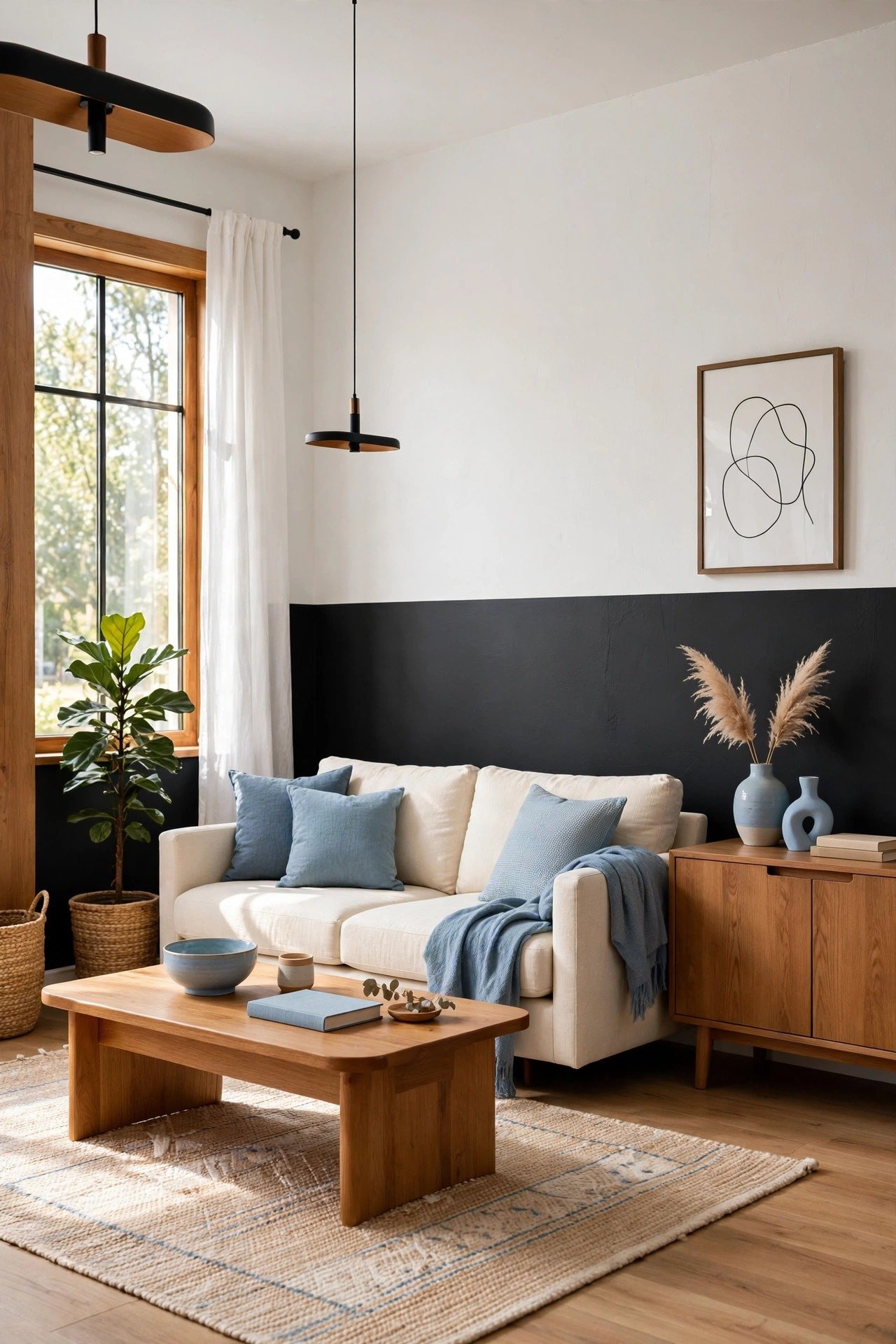 Black and white two tone wall paint ideas with black painted on the lower half and crisp white on the upper half in a modern living room