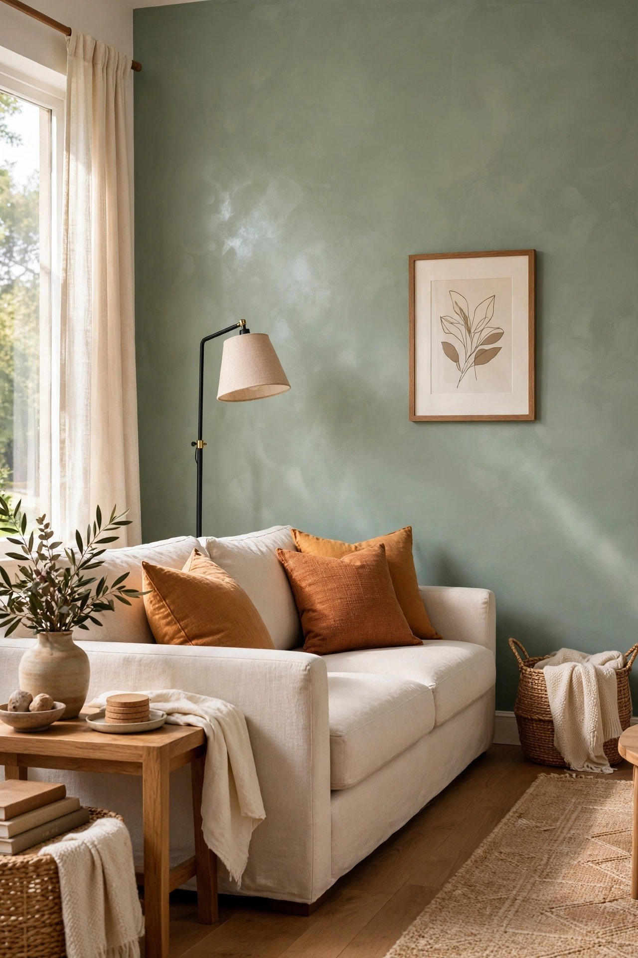 Living room accent wall with calm sage green Venetian plaster, soft texture and linen sofa