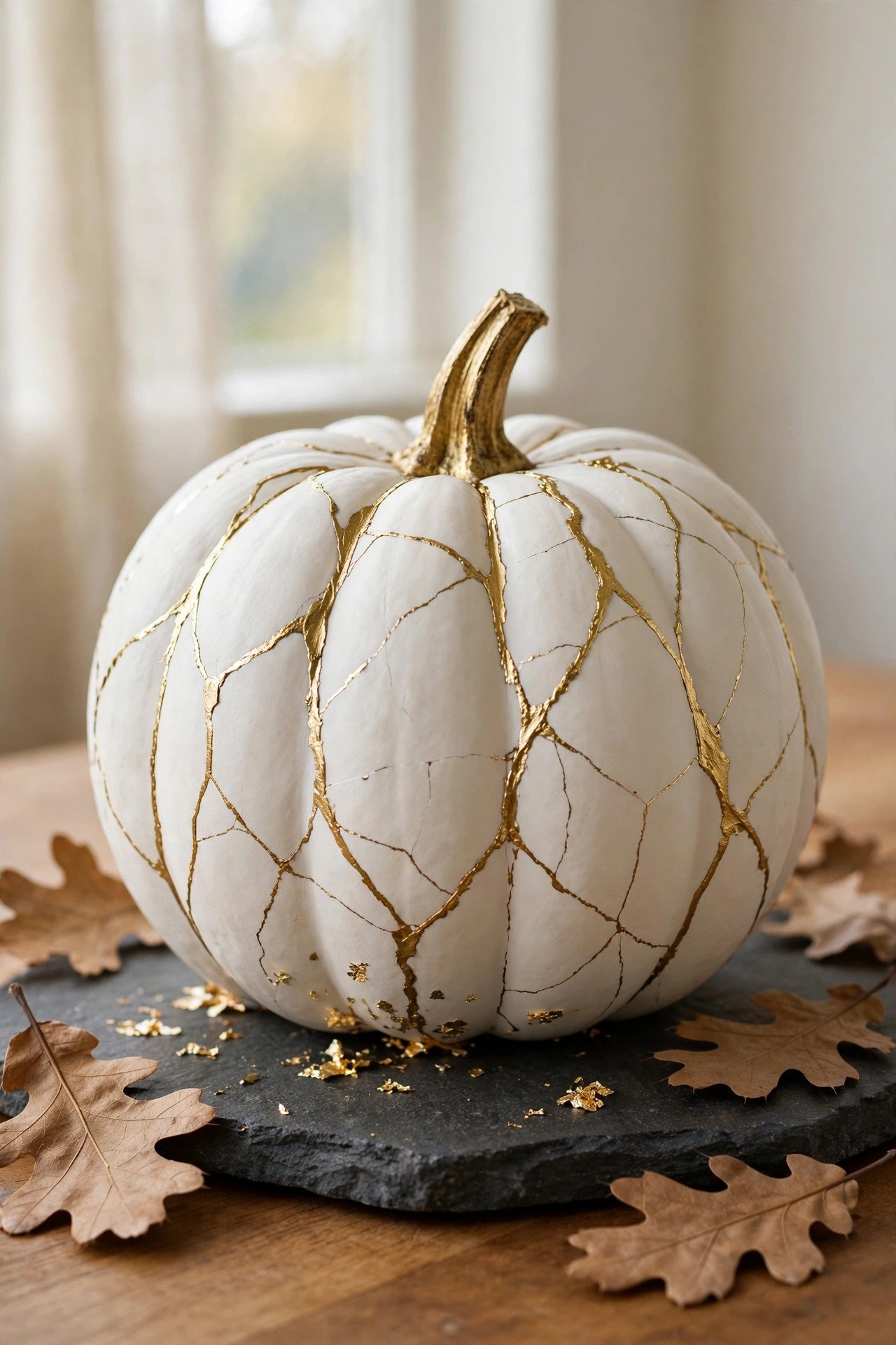 White pumpkin with gold painted cracks displayed on a dark stone tray