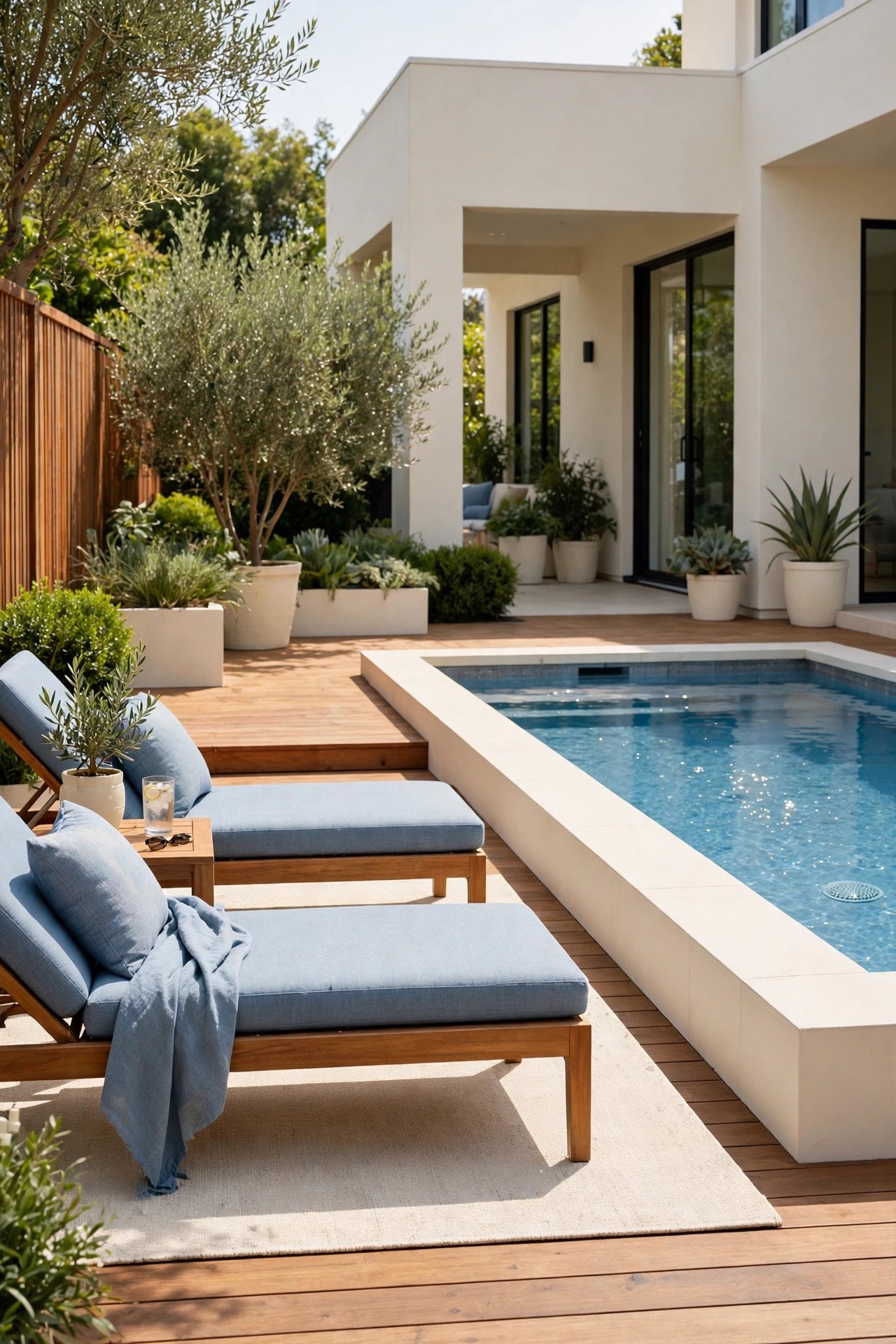Wooden deck beside a clean backyard pool with lounge chairs