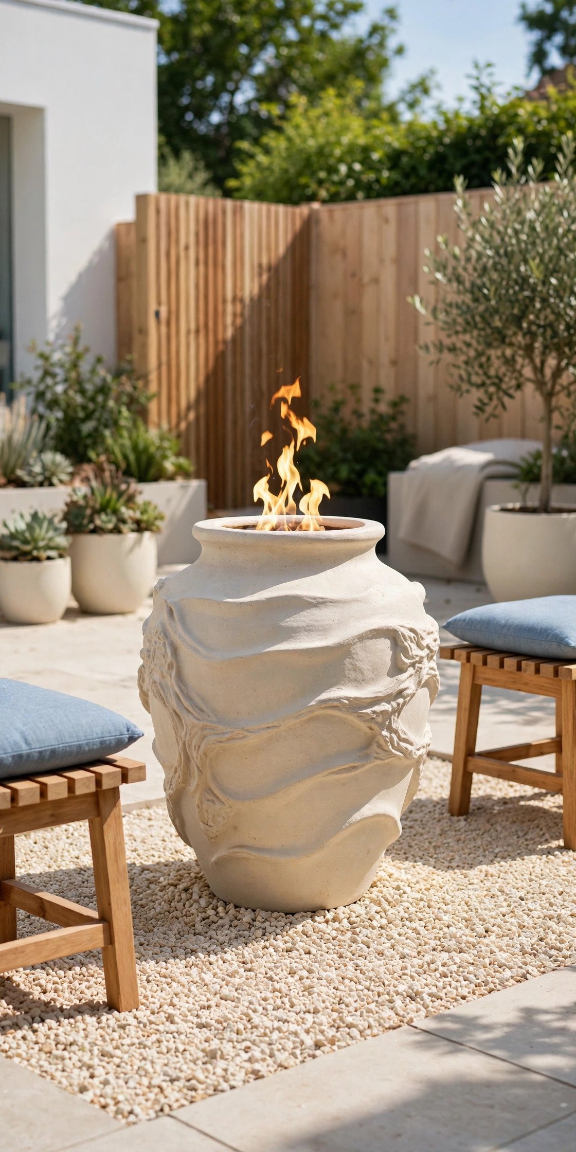 Sculptural urn-shaped stoneware fire pit with soft blue cushions