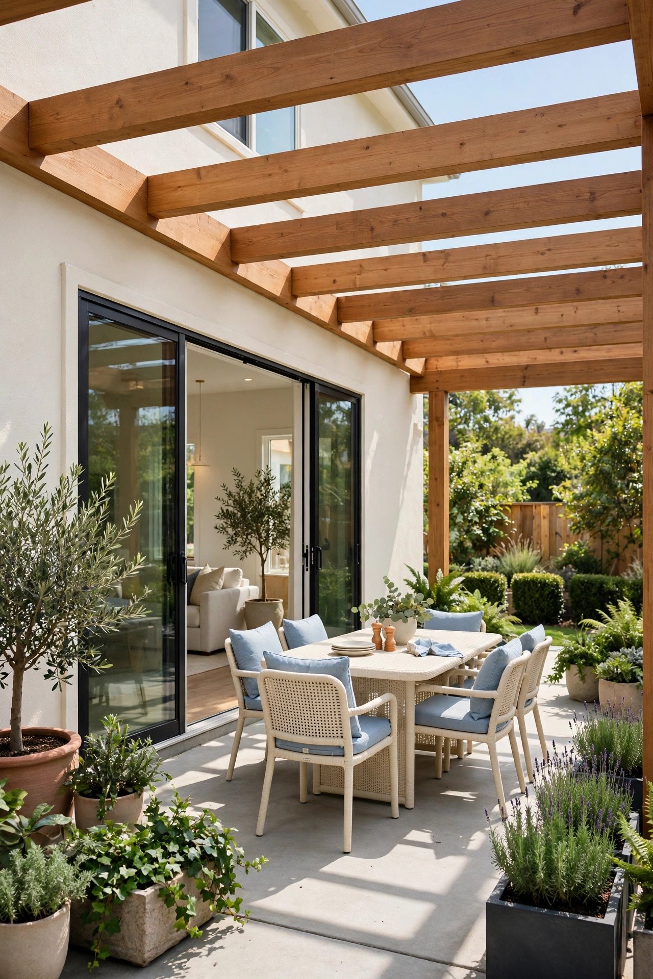 Wooden pergola attached to a house over a patio dining area