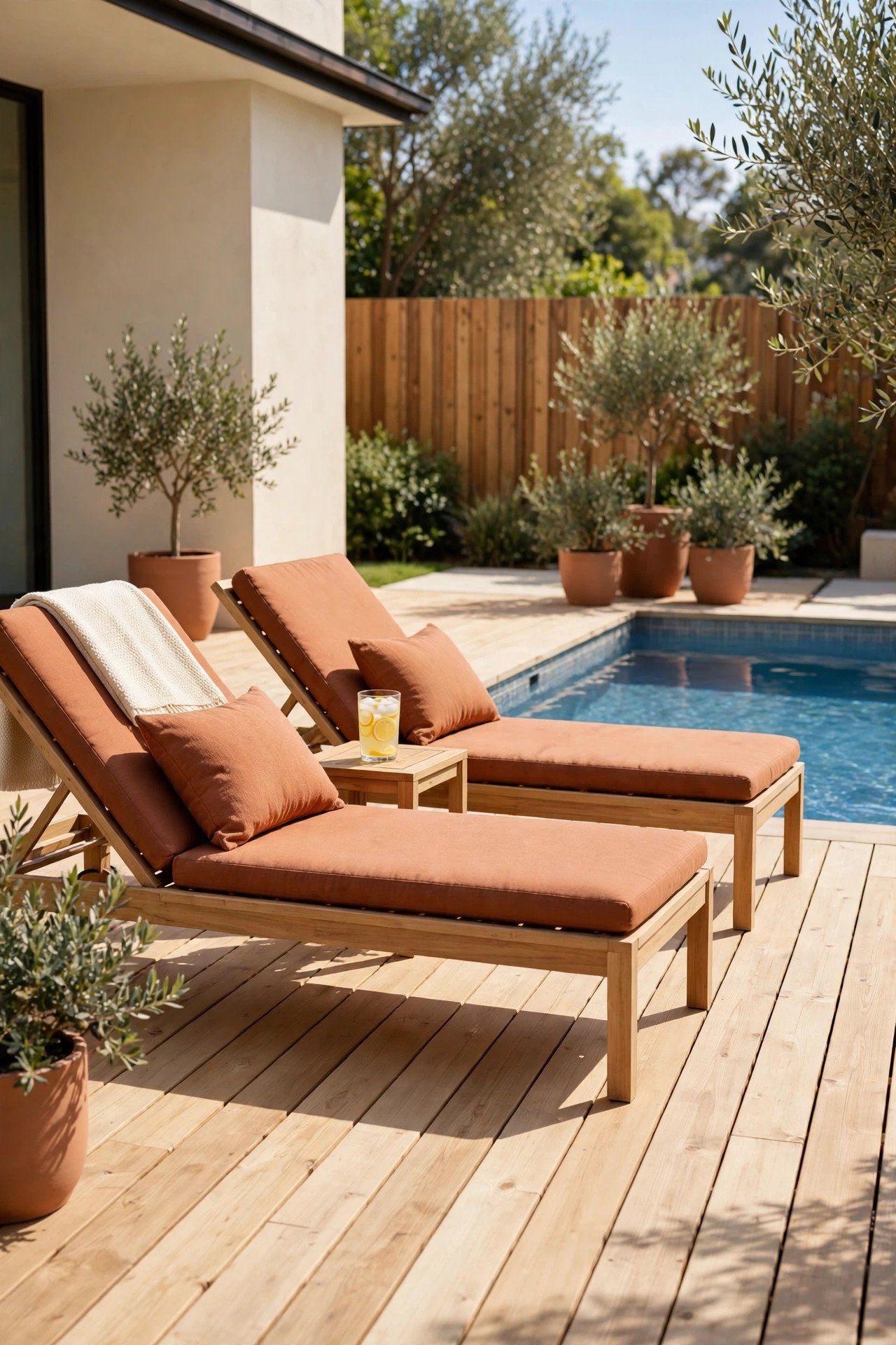 Minimalist wooden pool deck with simple lounge furniture