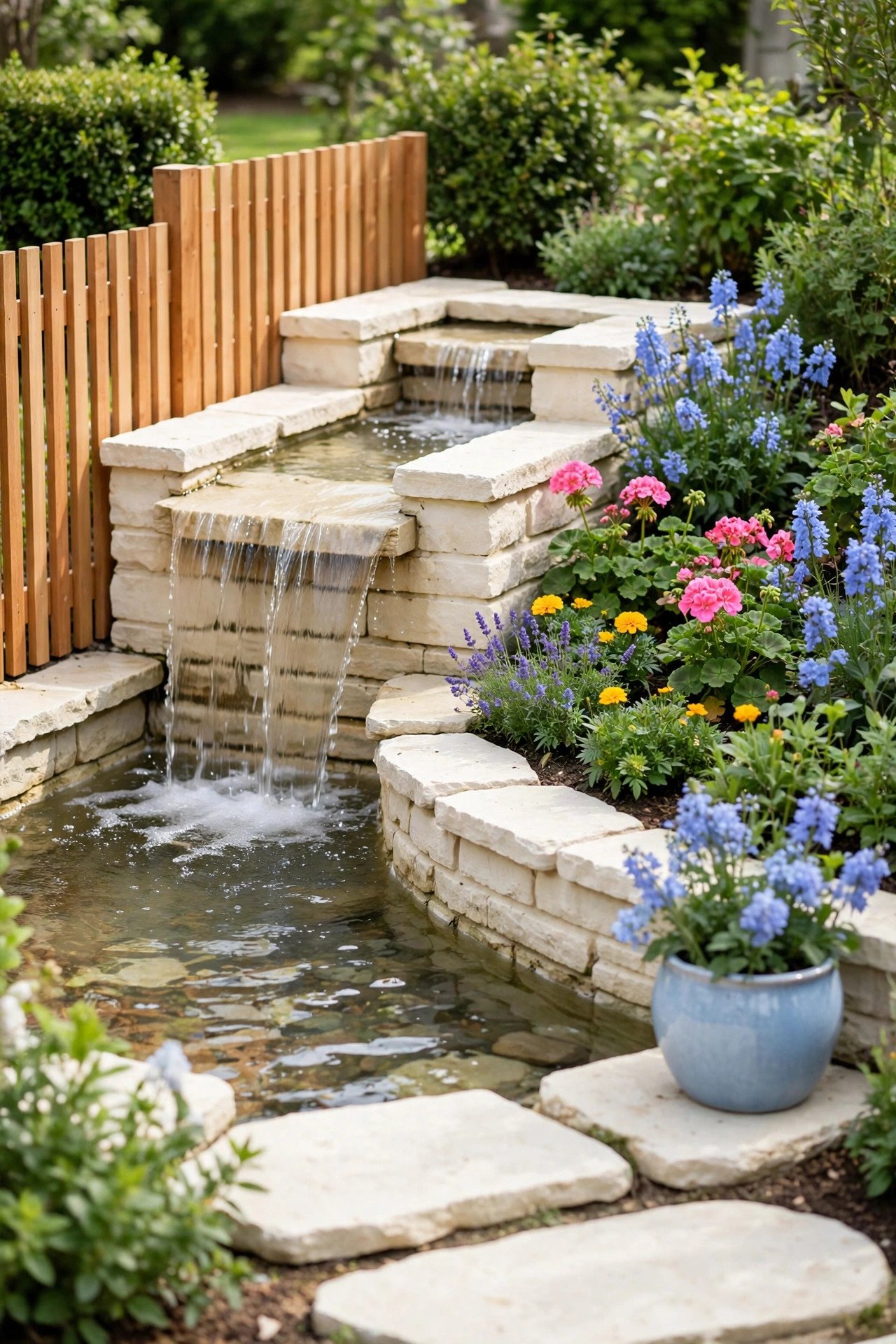 Small garden waterfall with flowers around it