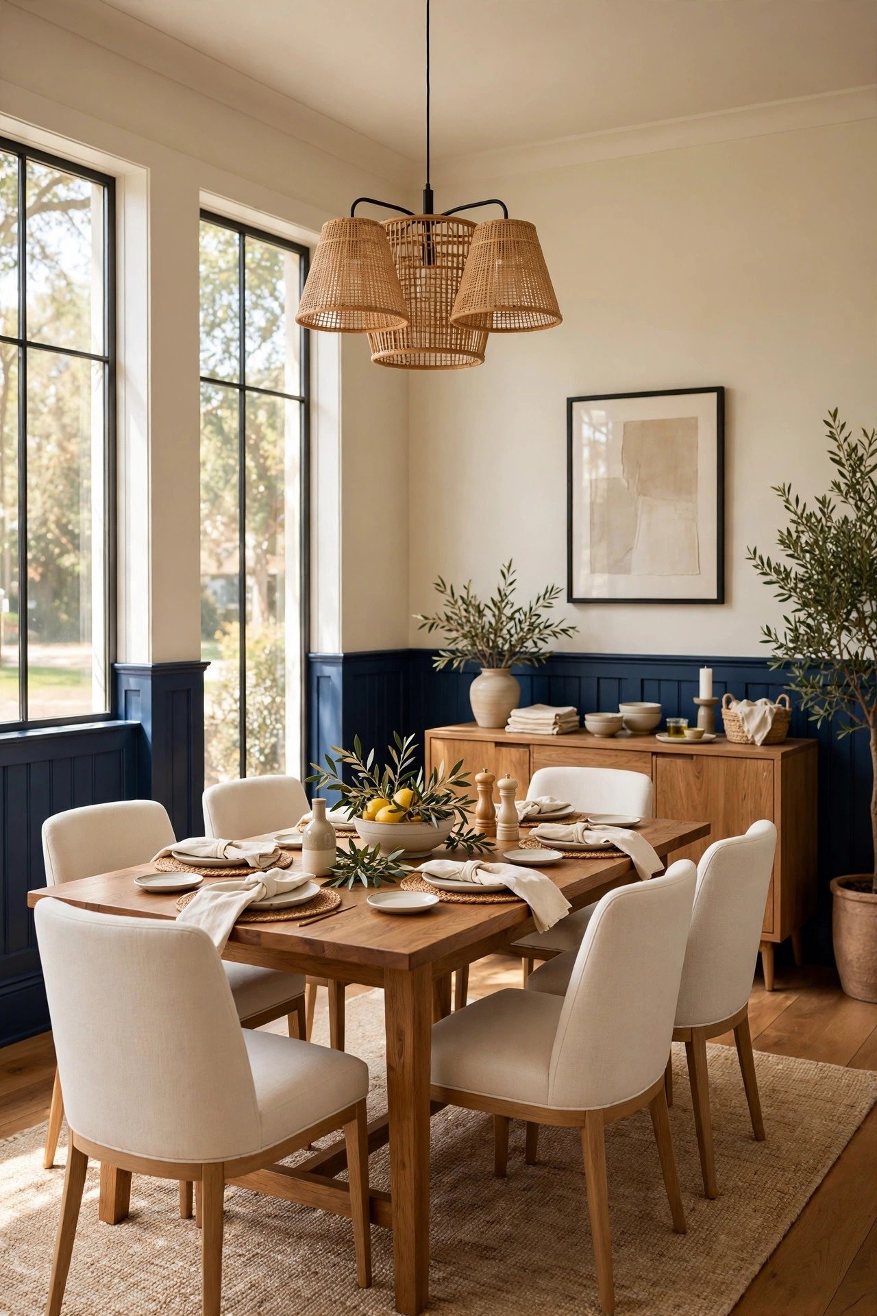 Navy blue board and batten wainscoting in an elegant dining room with a wood table and cream chairs