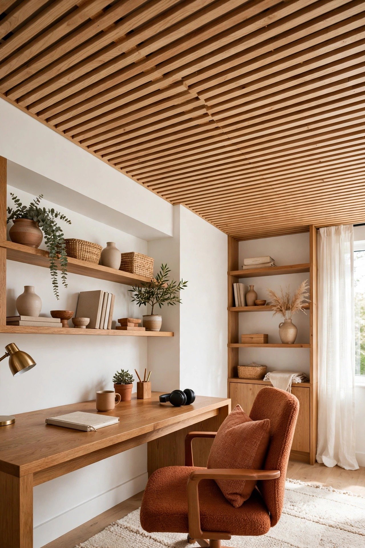 Ceiling with evenly spaced natural wooden strips running across a cozy home office, adding warmth to white walls