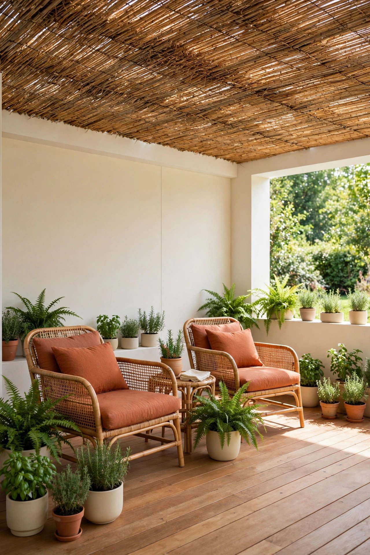 Covered patio with warm wooden pergola roof and string lights