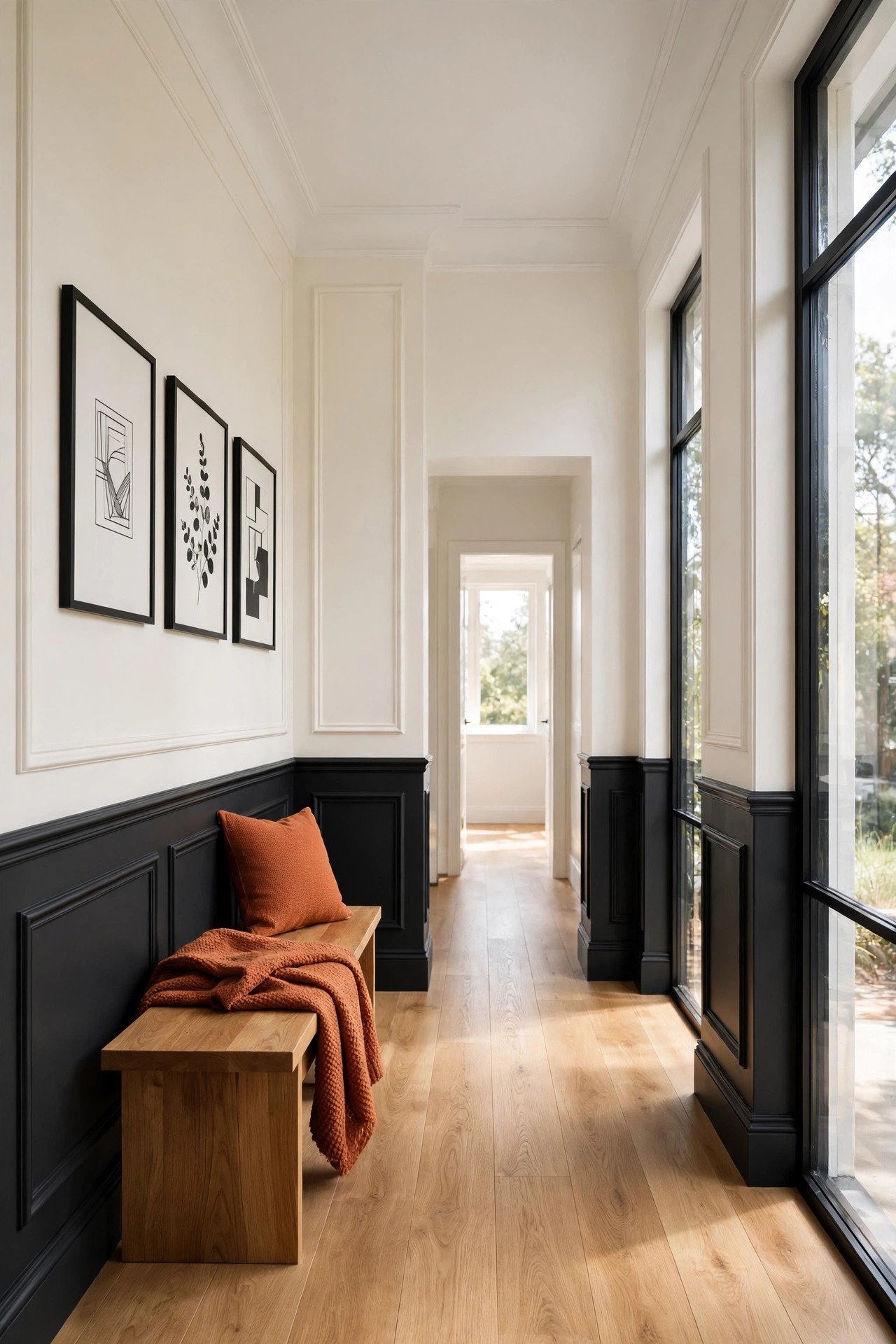 Monochrome hallway with simple black-and-white wall molding and a bench under framed artwork