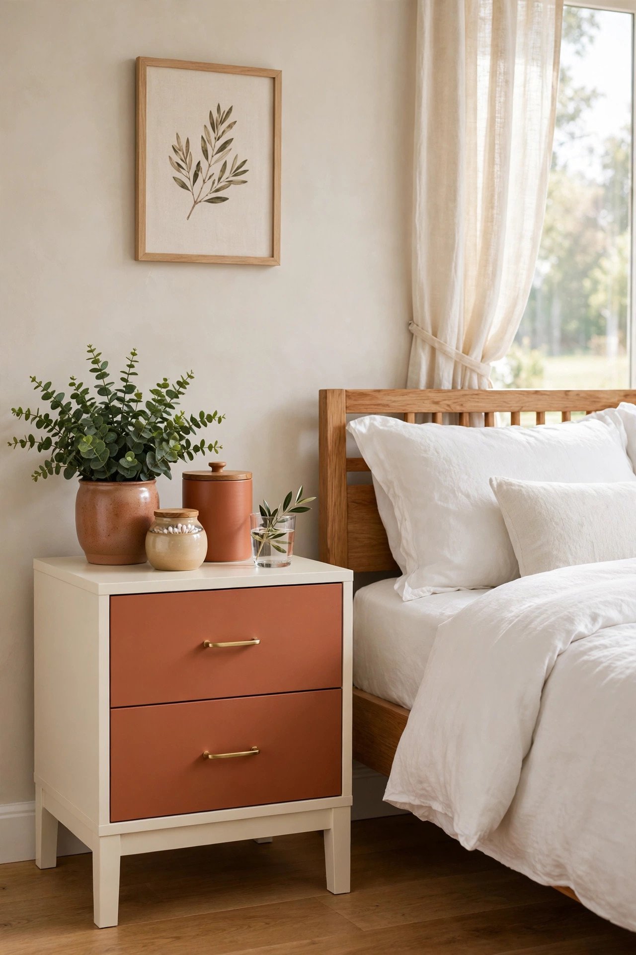 Two tone nightstand makeover with cream body and terracotta drawer fronts beside a bed
