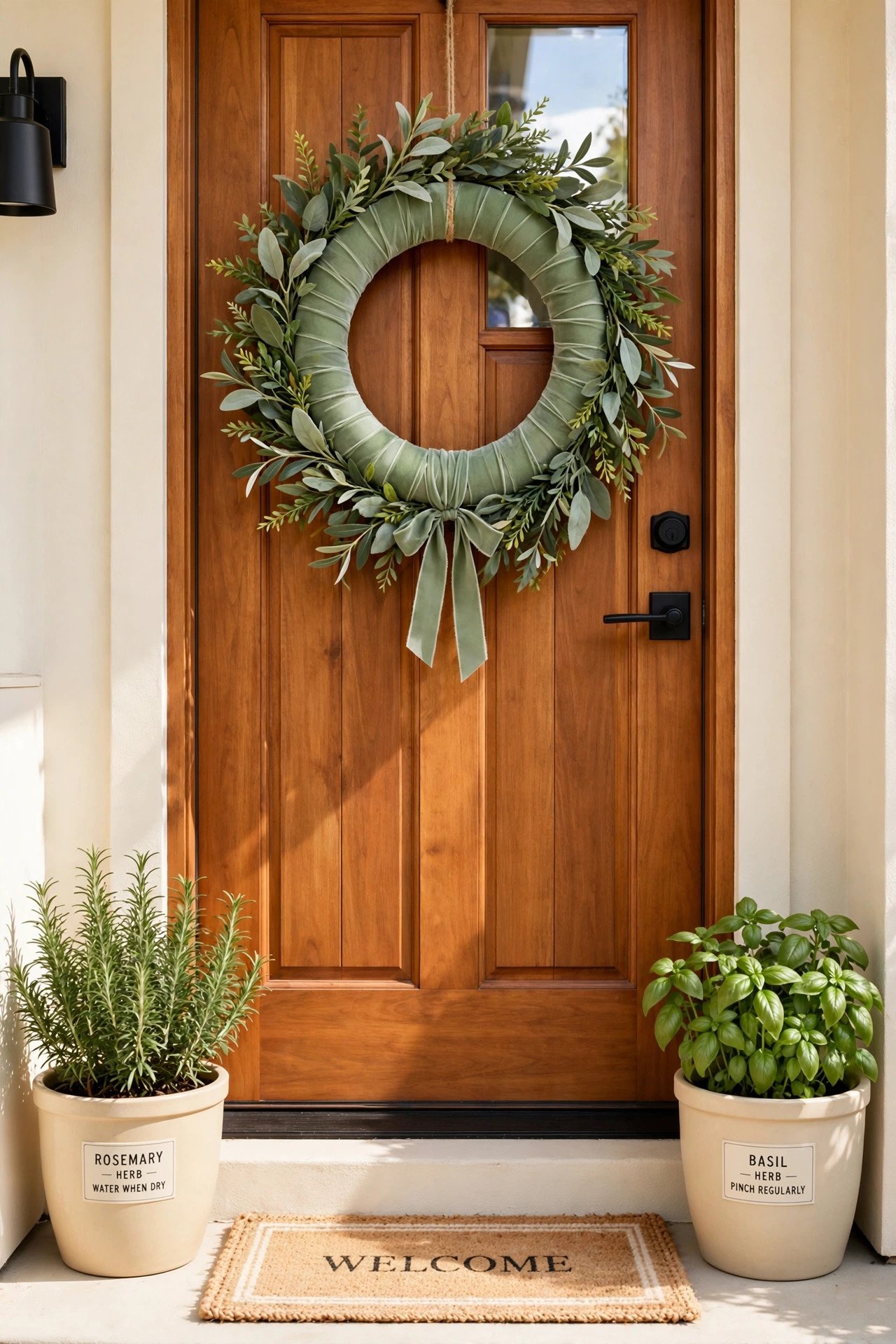 Dollar store wreath idea showing a foam ring wrapped with sage green ribbon and faux greenery on a front door