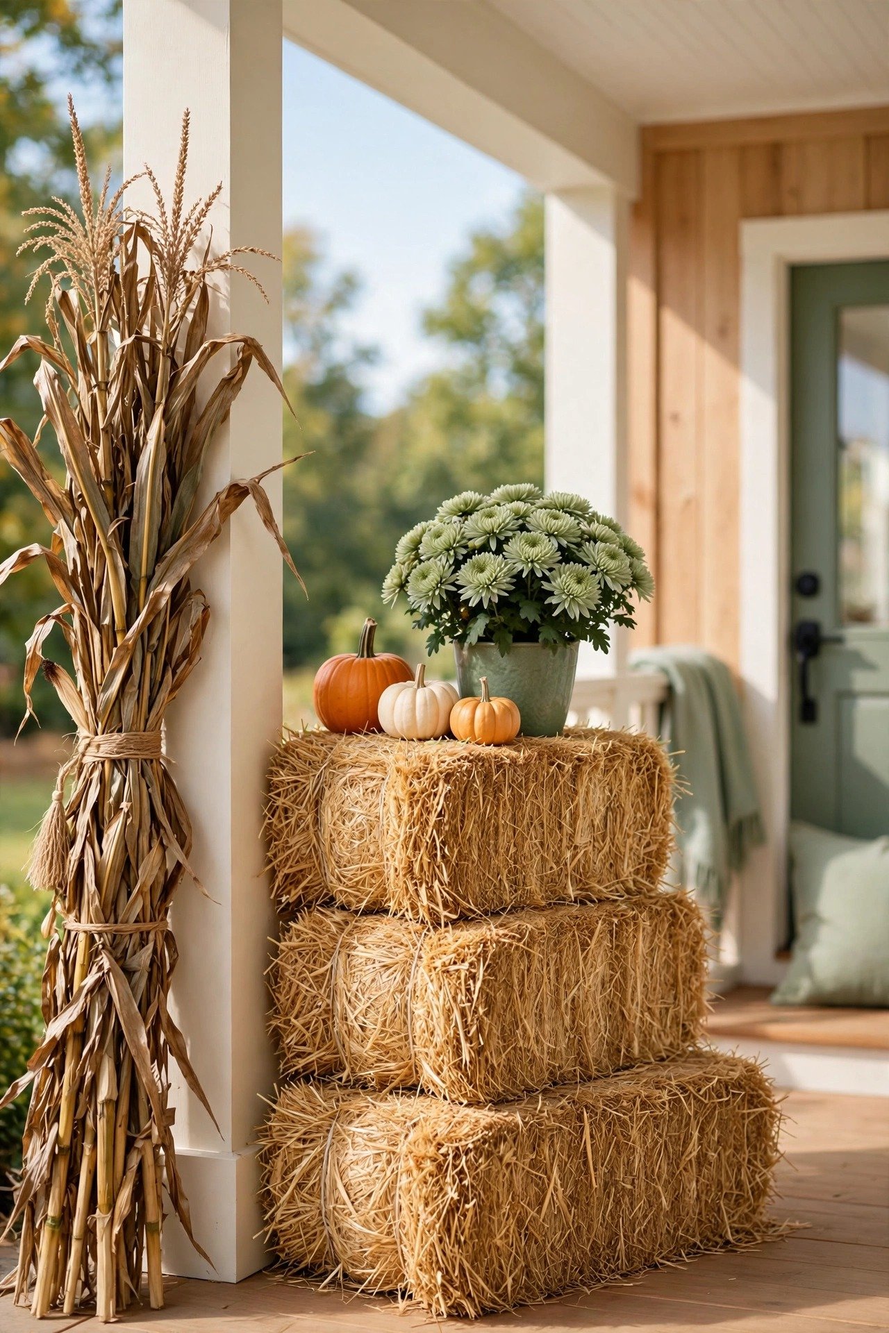 A harvest corner with stacked hay bales and tall dried cornstalks on a bright fall porch