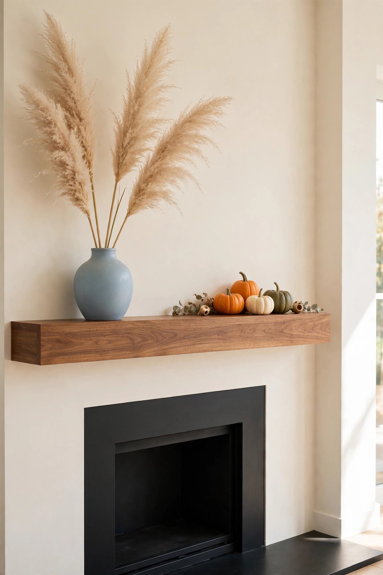 Tall pampas grass stems in a soft blue ceramic vase placed at one end of a fall fireplace mantel