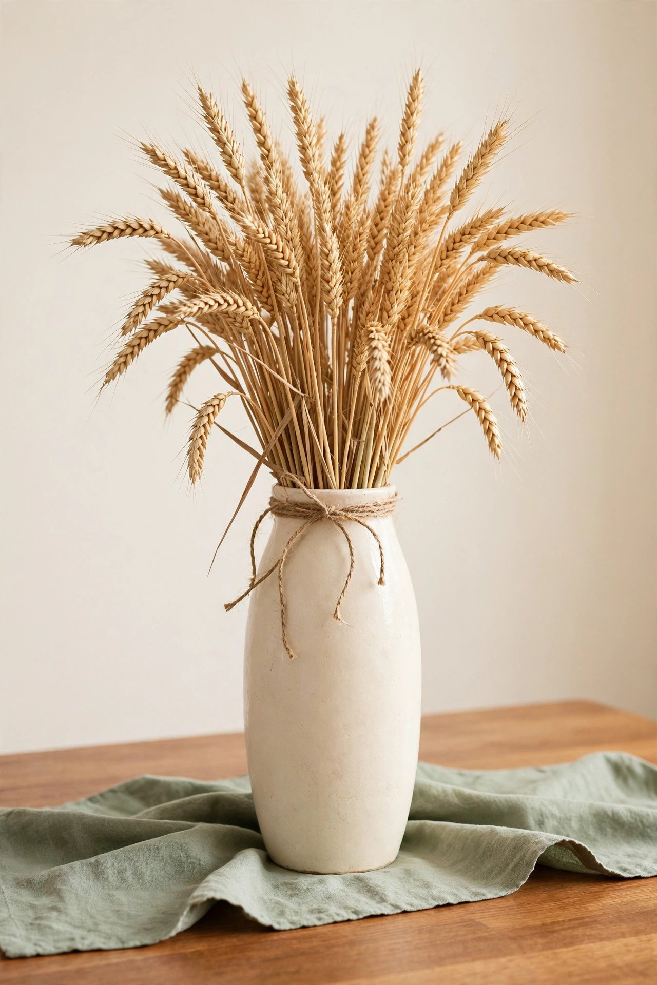 Dried wheat stalks tied with twine in a cream ceramic vase for a fall centerpiece
