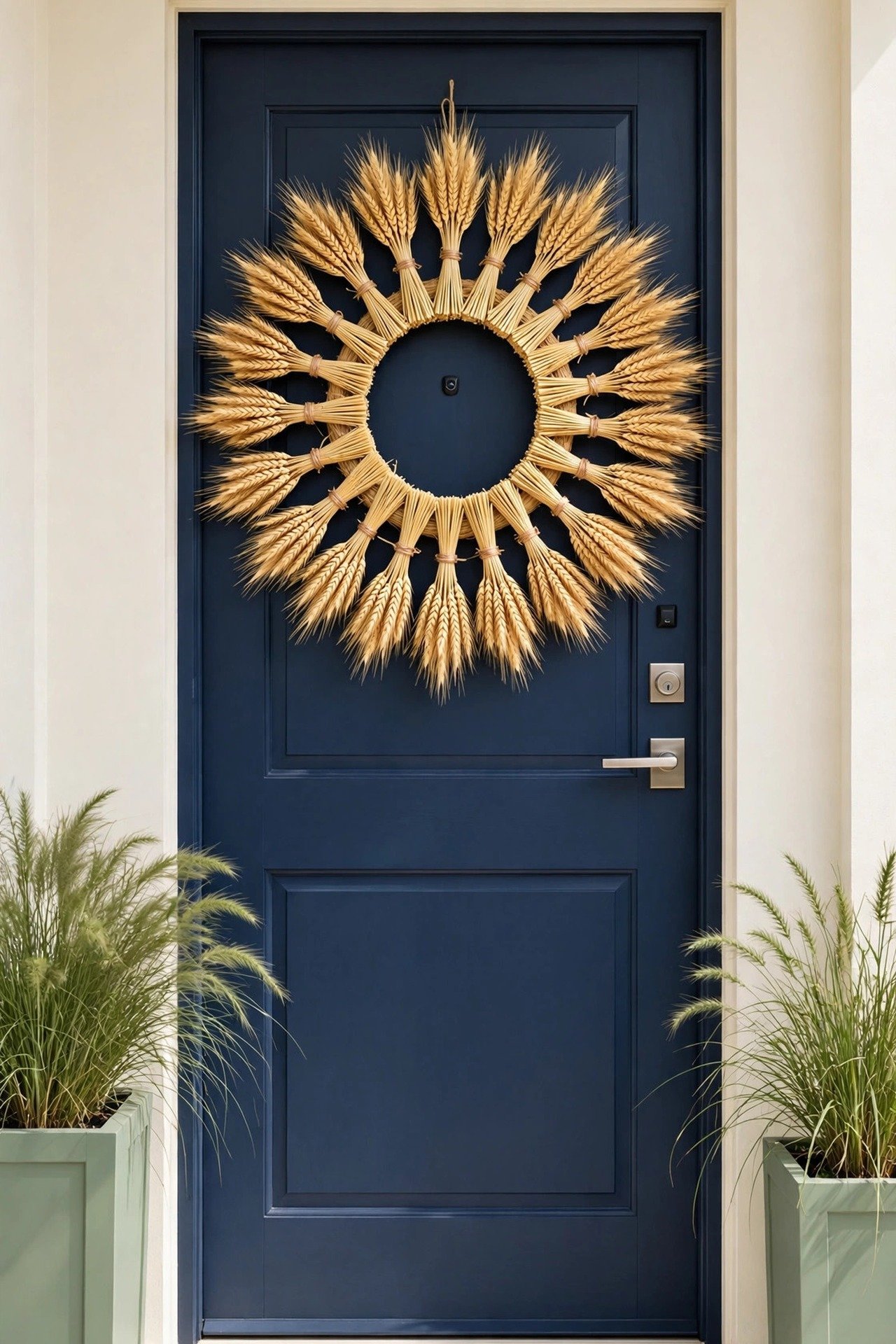 Golden wheat sunburst wreath with stalks radiating outward on a navy blue front door