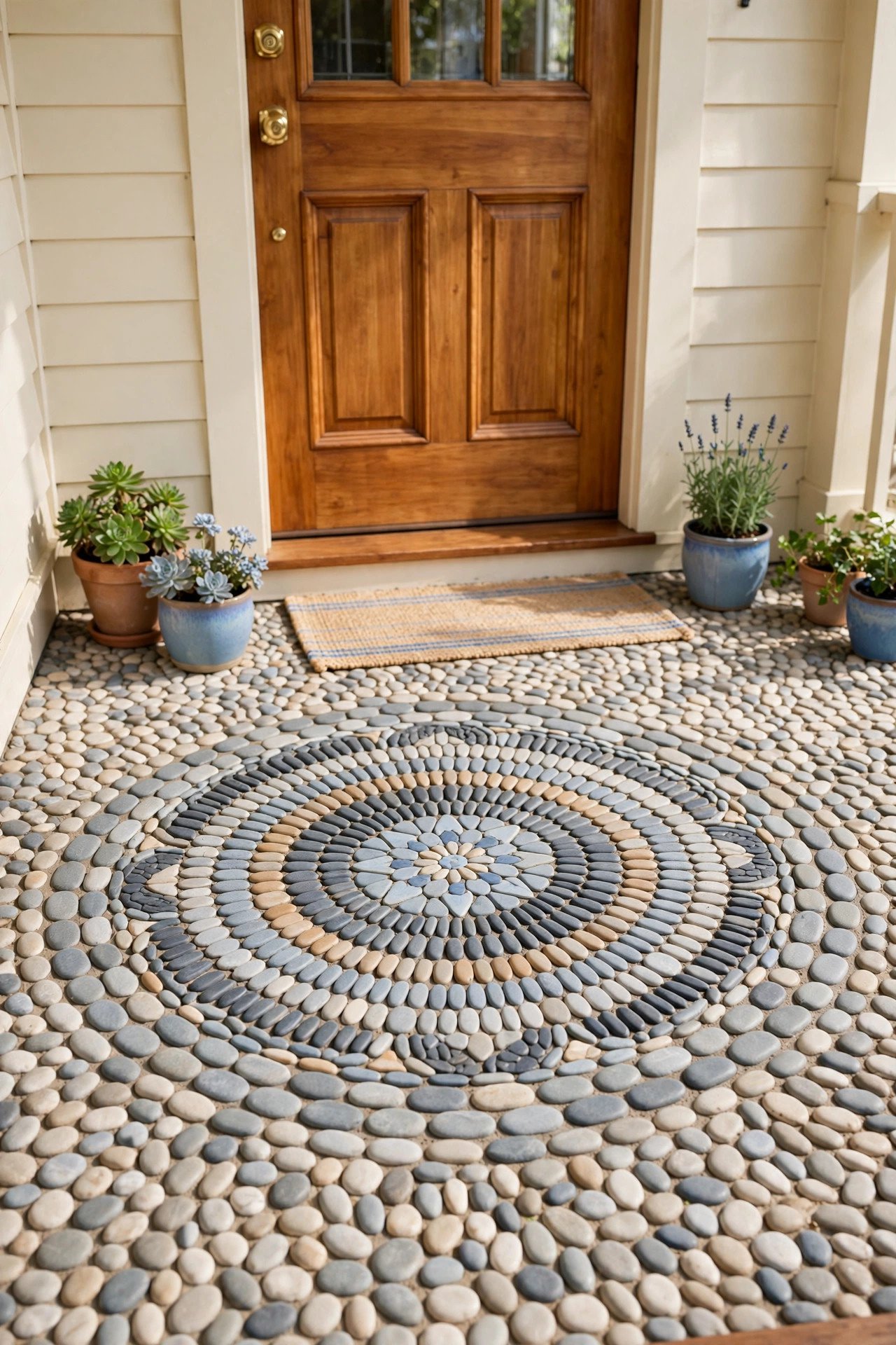 Pebble mosaic medallion pattern on a front porch floor