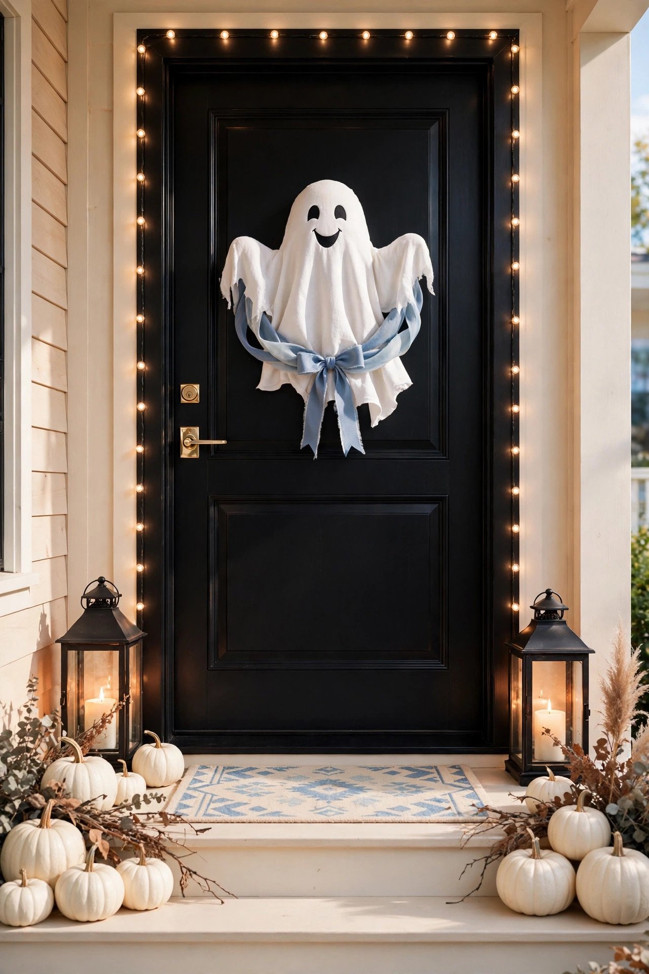Black front door decorated with a white fabric ghost wreath and glowing lanterns