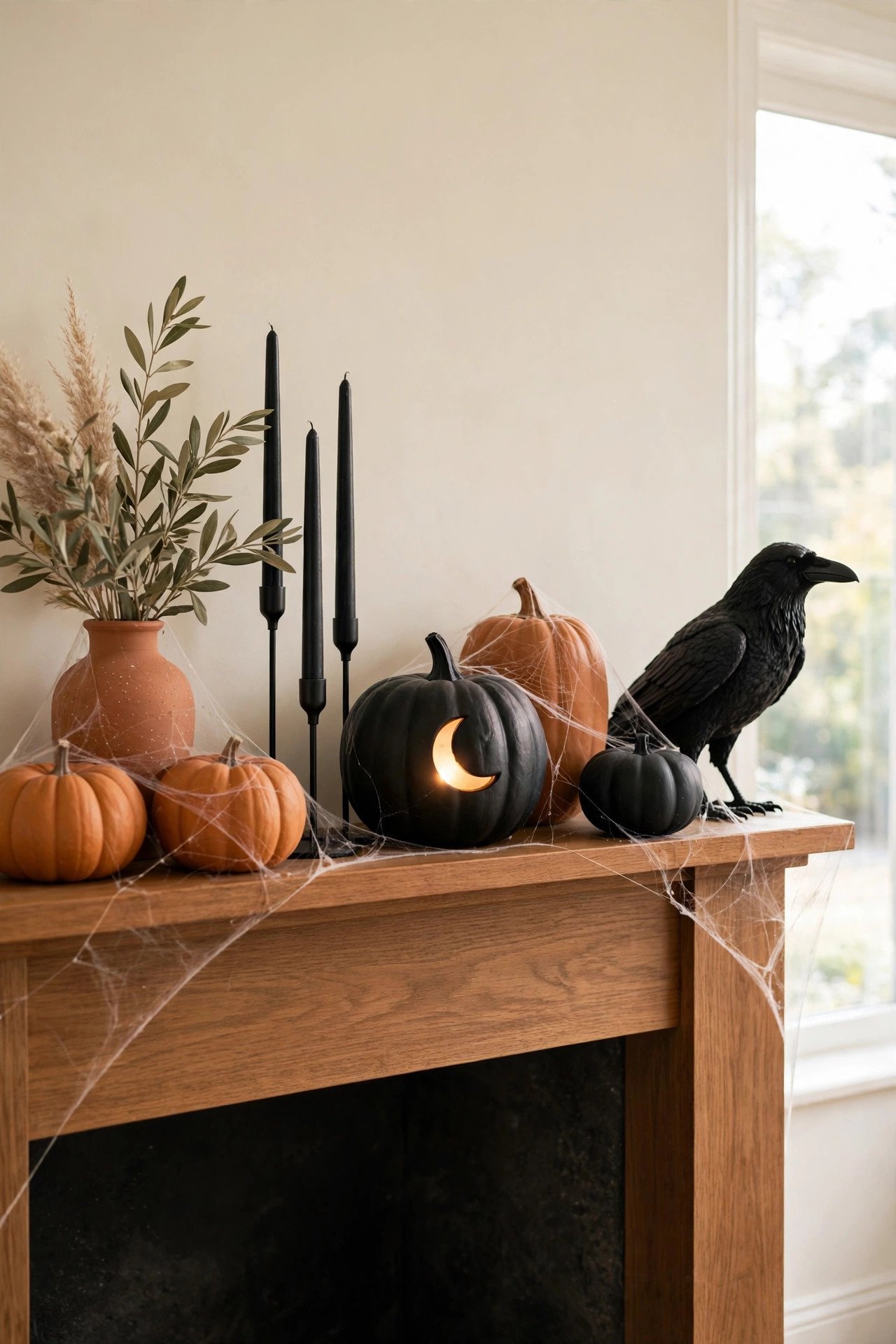 Fireplace mantel styled with matte black pumpkins, ravens and skeleton candles
