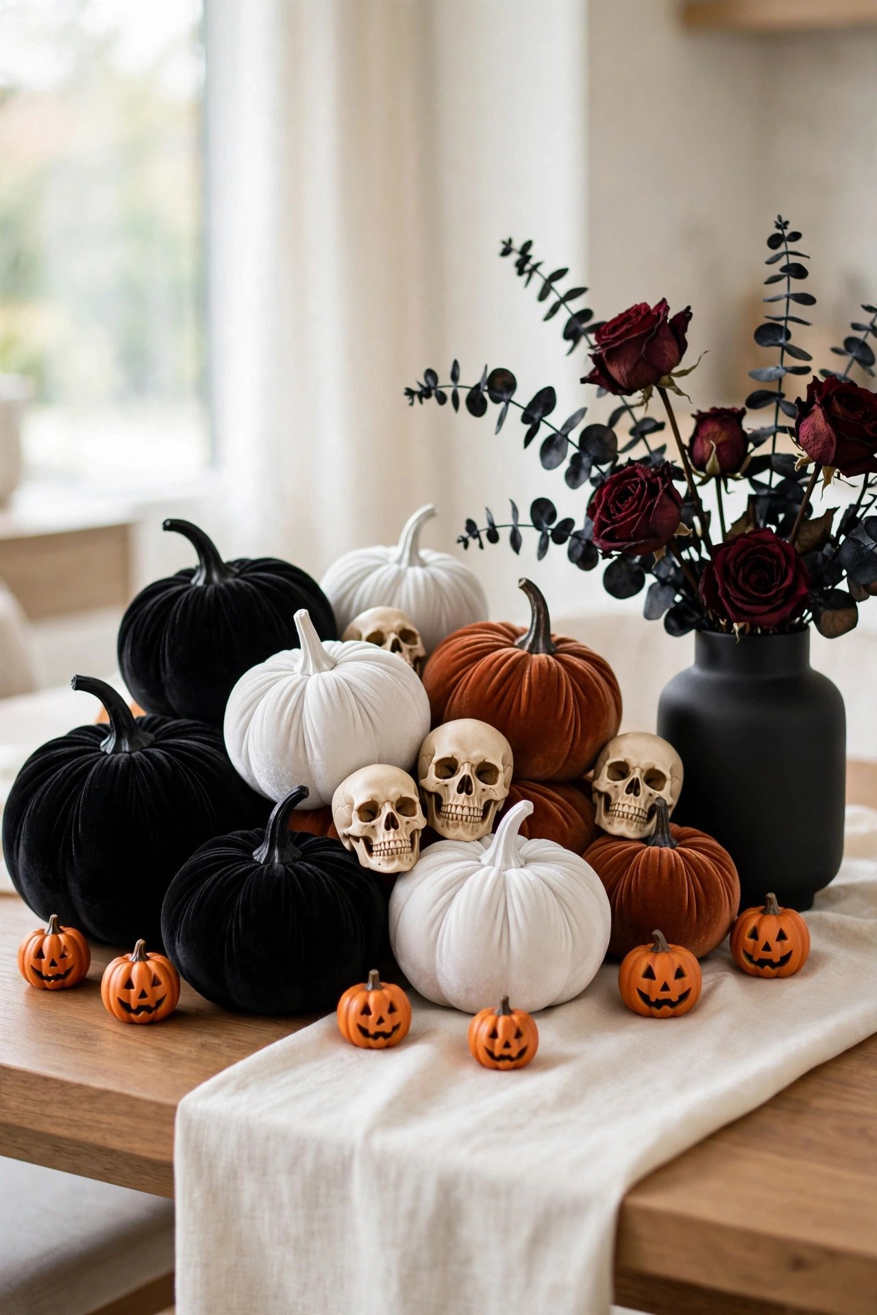 Centerpiece of matte black and white pumpkins with resin skulls and dark burgundy dried flowers