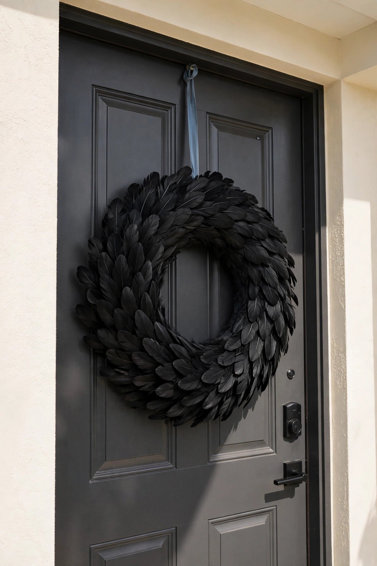 Halloween wreath of layered black feathers on a front door in bright daylight