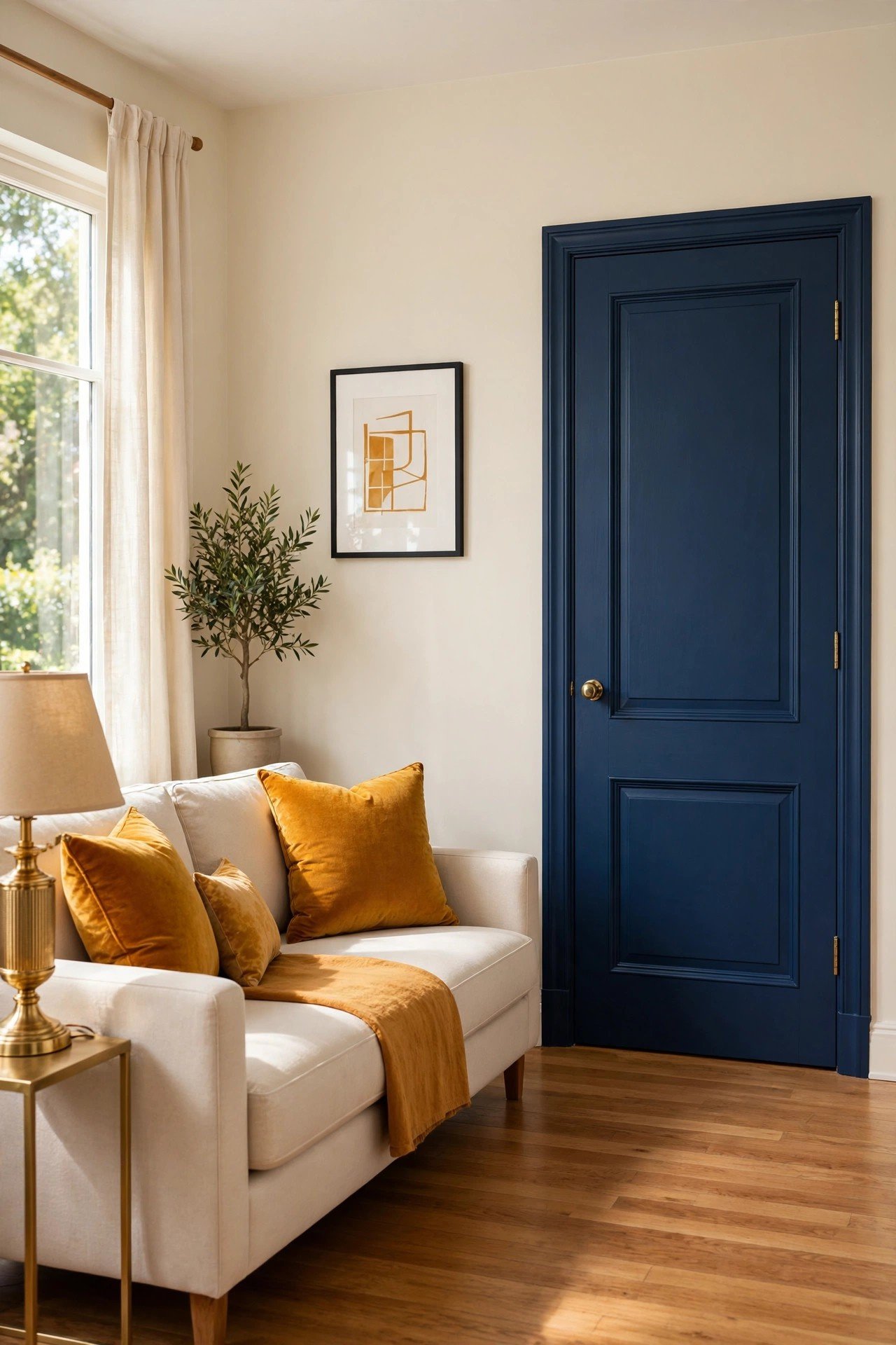 Deep navy blue painted interior door as a bold statement in a living room