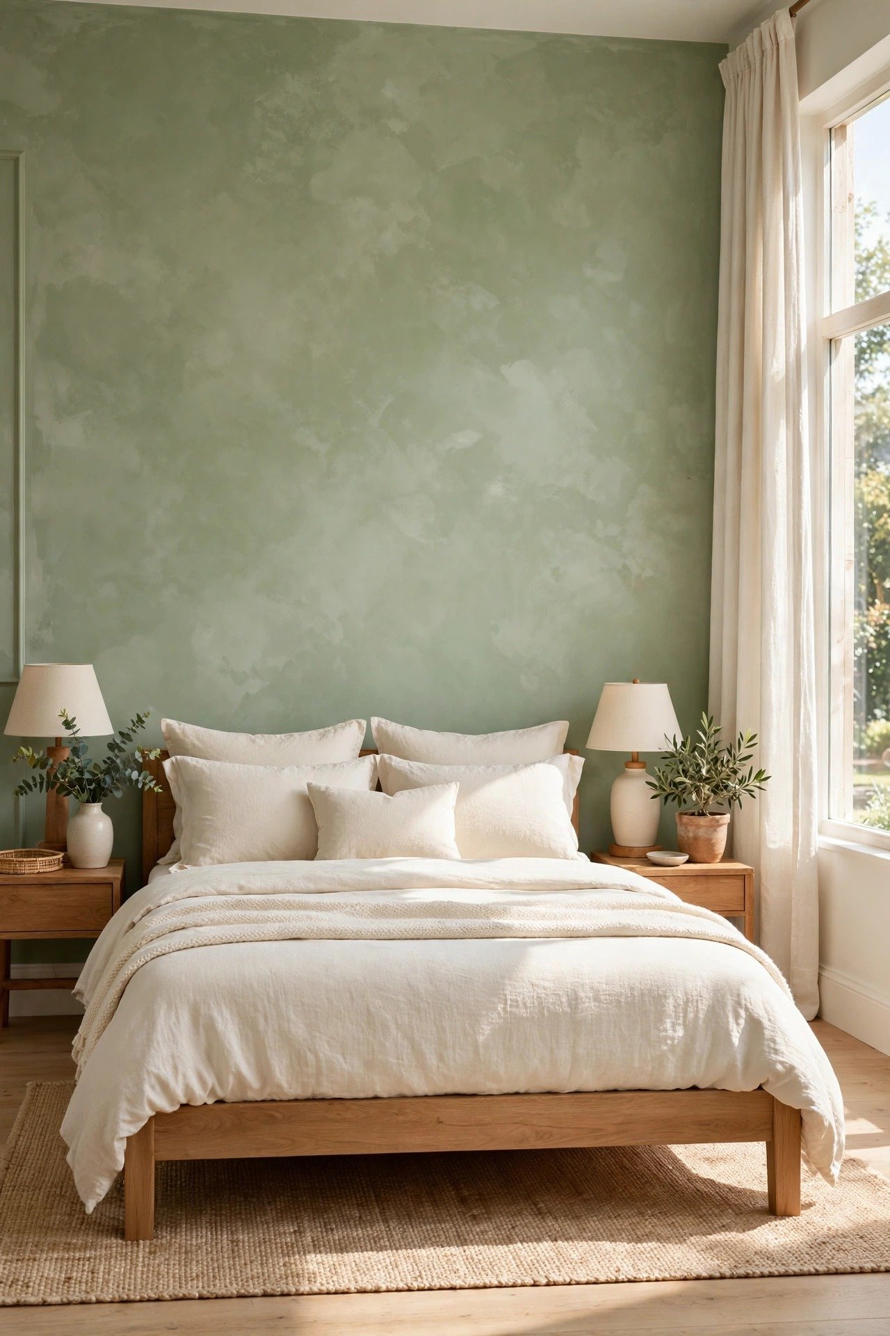 Sage green limewash wall with soft texture in a serene bedroom with cream bedding