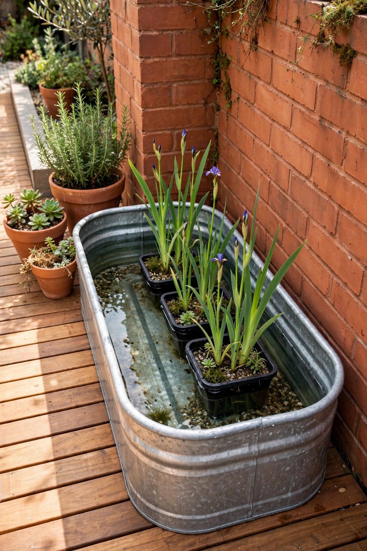 Galvanized metal trough pond with marginal plants on a patio