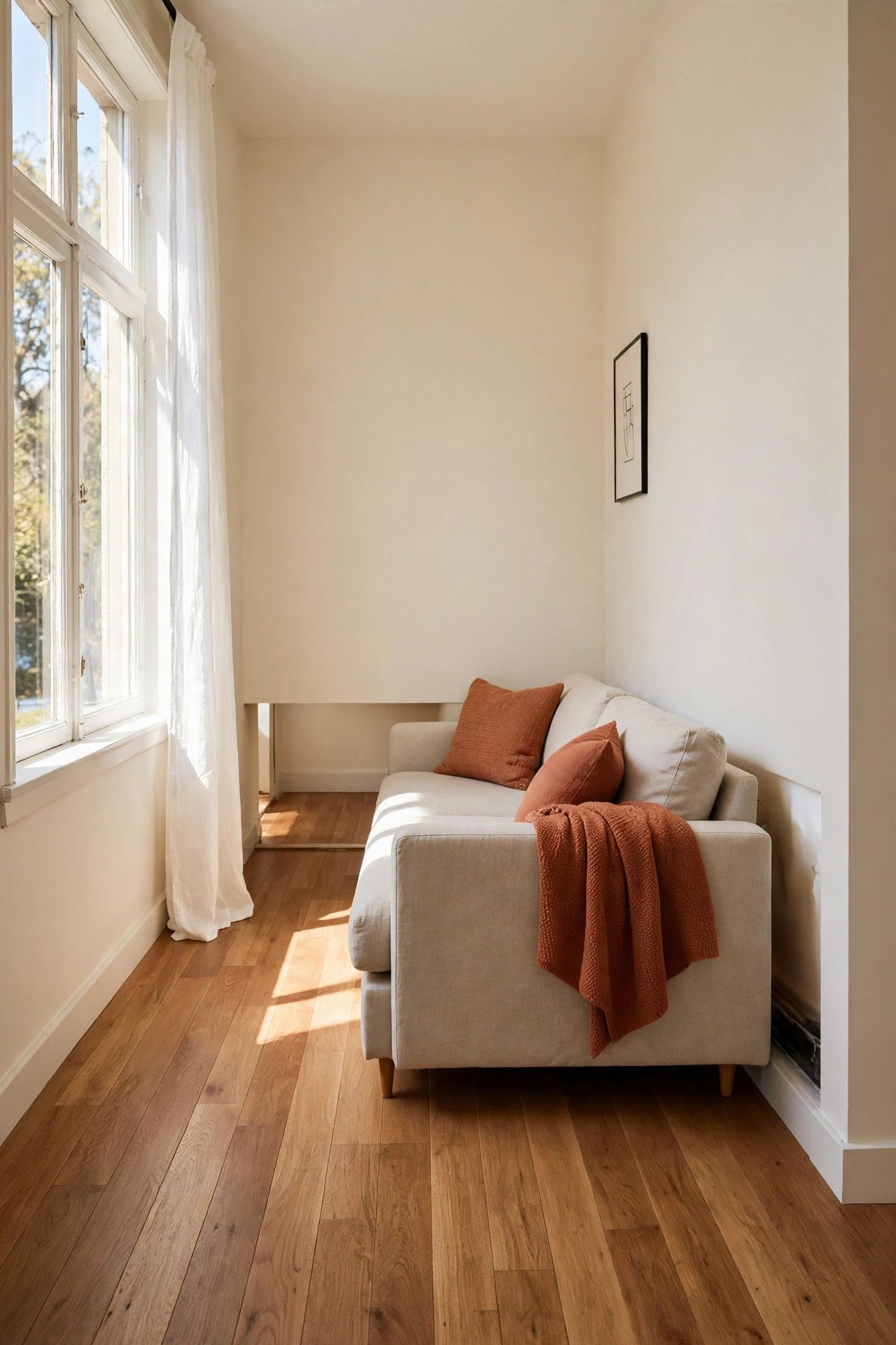 Floating furniture trick in a narrow living room with the sofa pulled a few inches away from the wall behind it