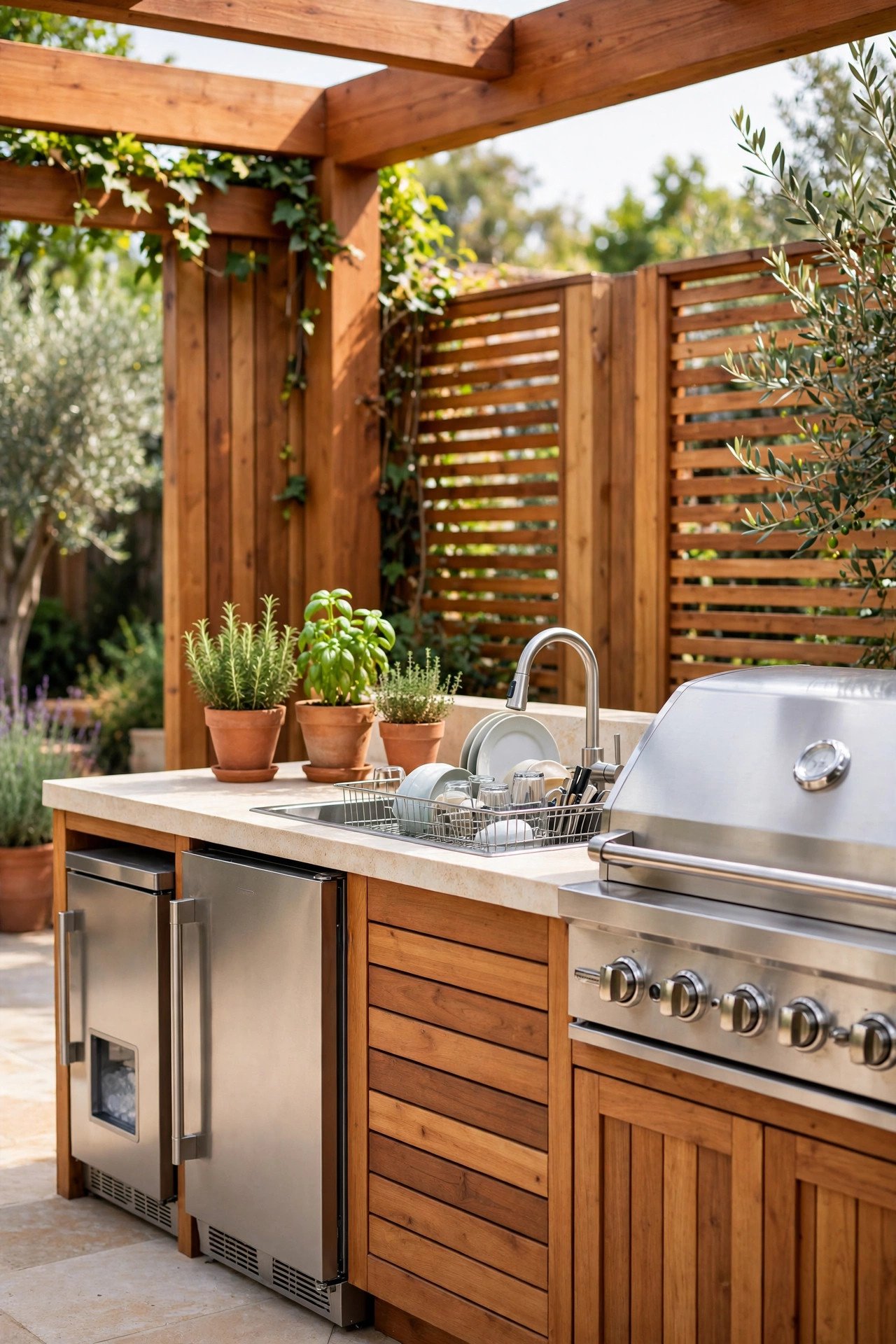 Full outdoor cooking station with built-in grill, sink, refrigerator, and ice maker