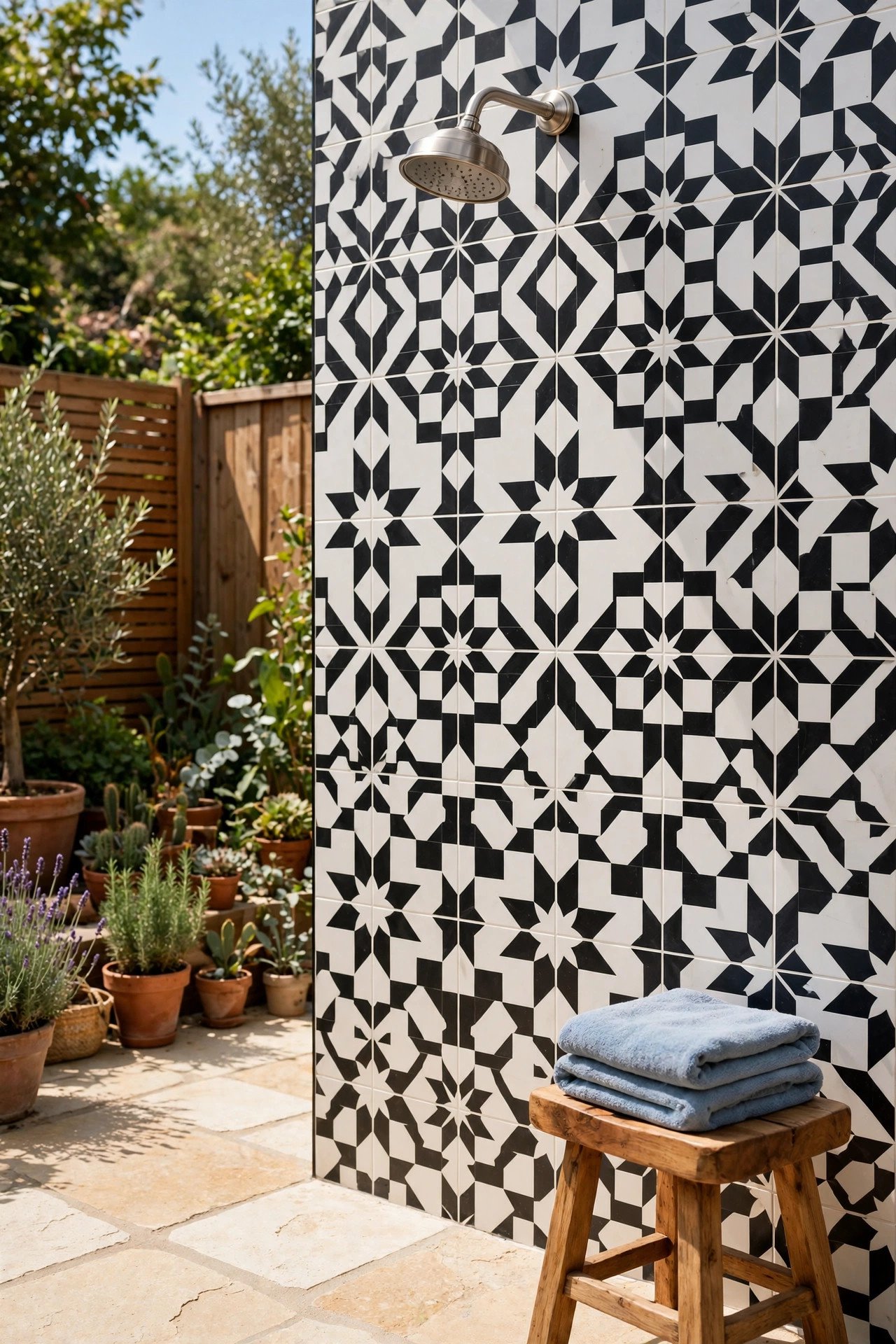 Outdoor shower wall with bold black and white patterned tile and soft blue towels