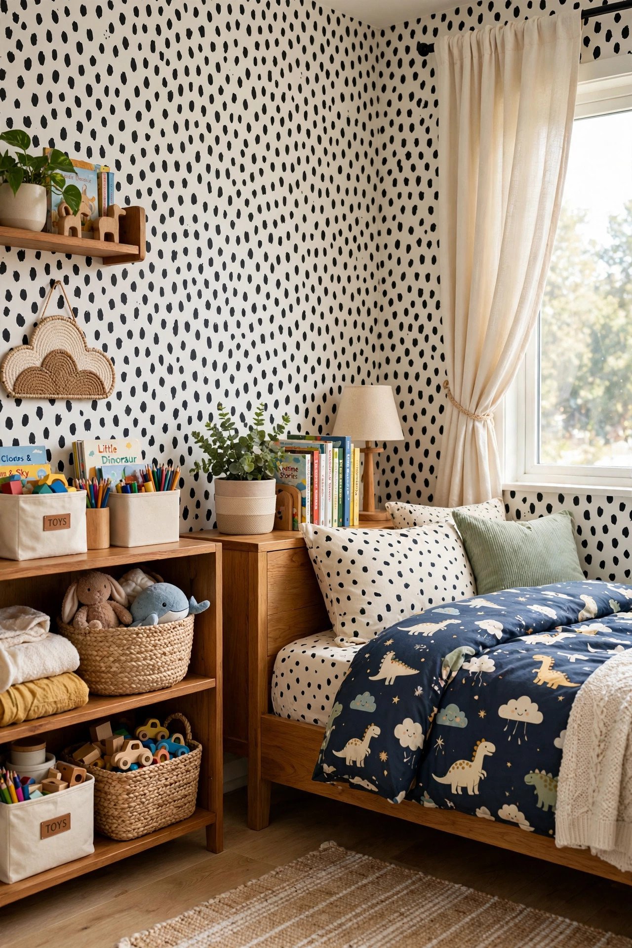 Black and white spotted peel and stick wallpaper in a kids bedroom with soft curtains