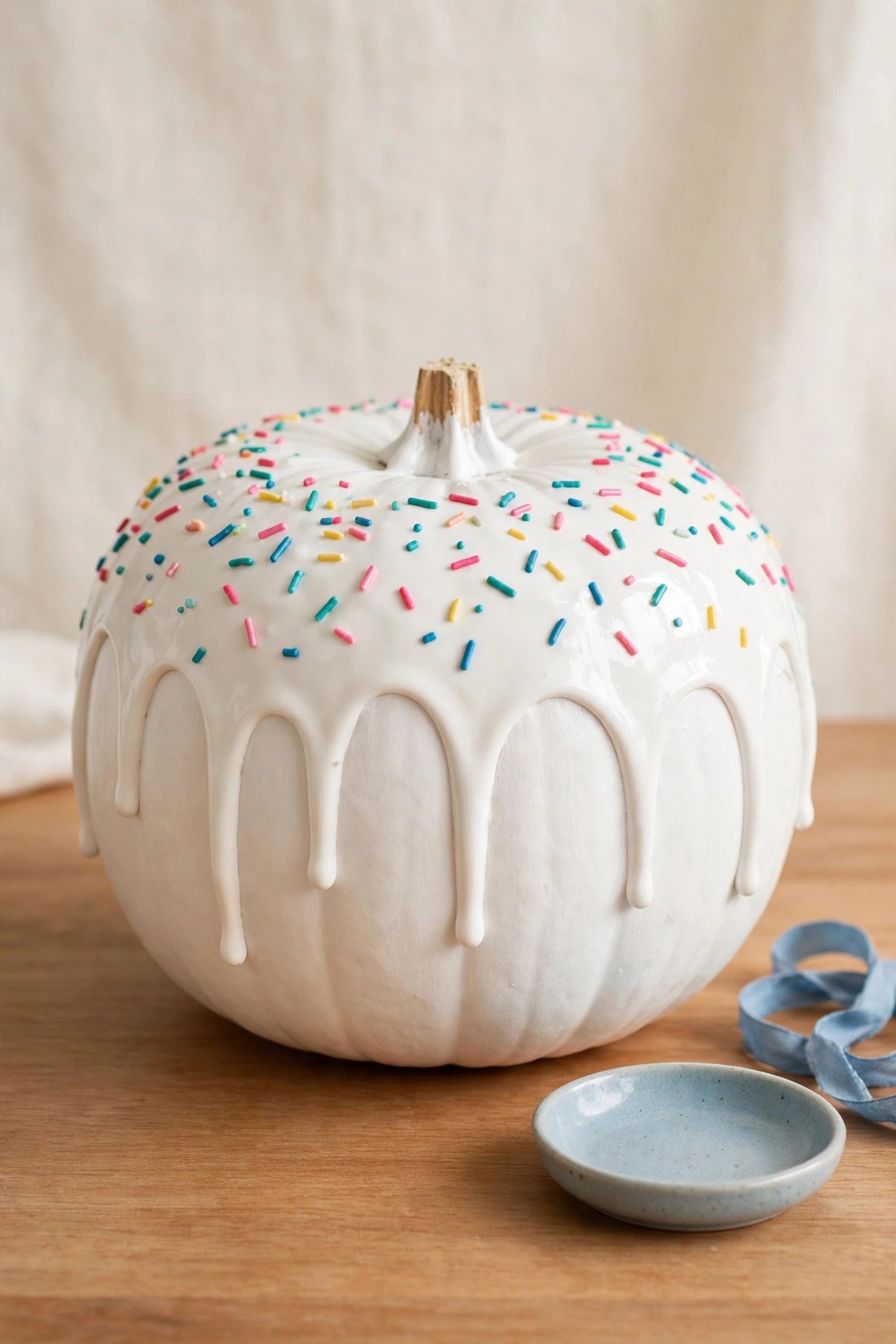 Round white pumpkin painted to look like a cake covered in colorful sprinkles