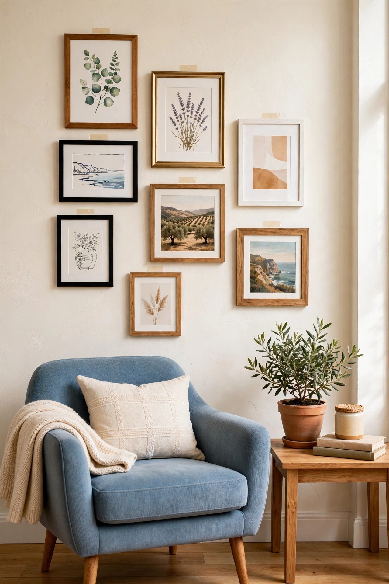 Gallery wall hung with adhesive strips in mixed frames on a cream wall in soft blue tones