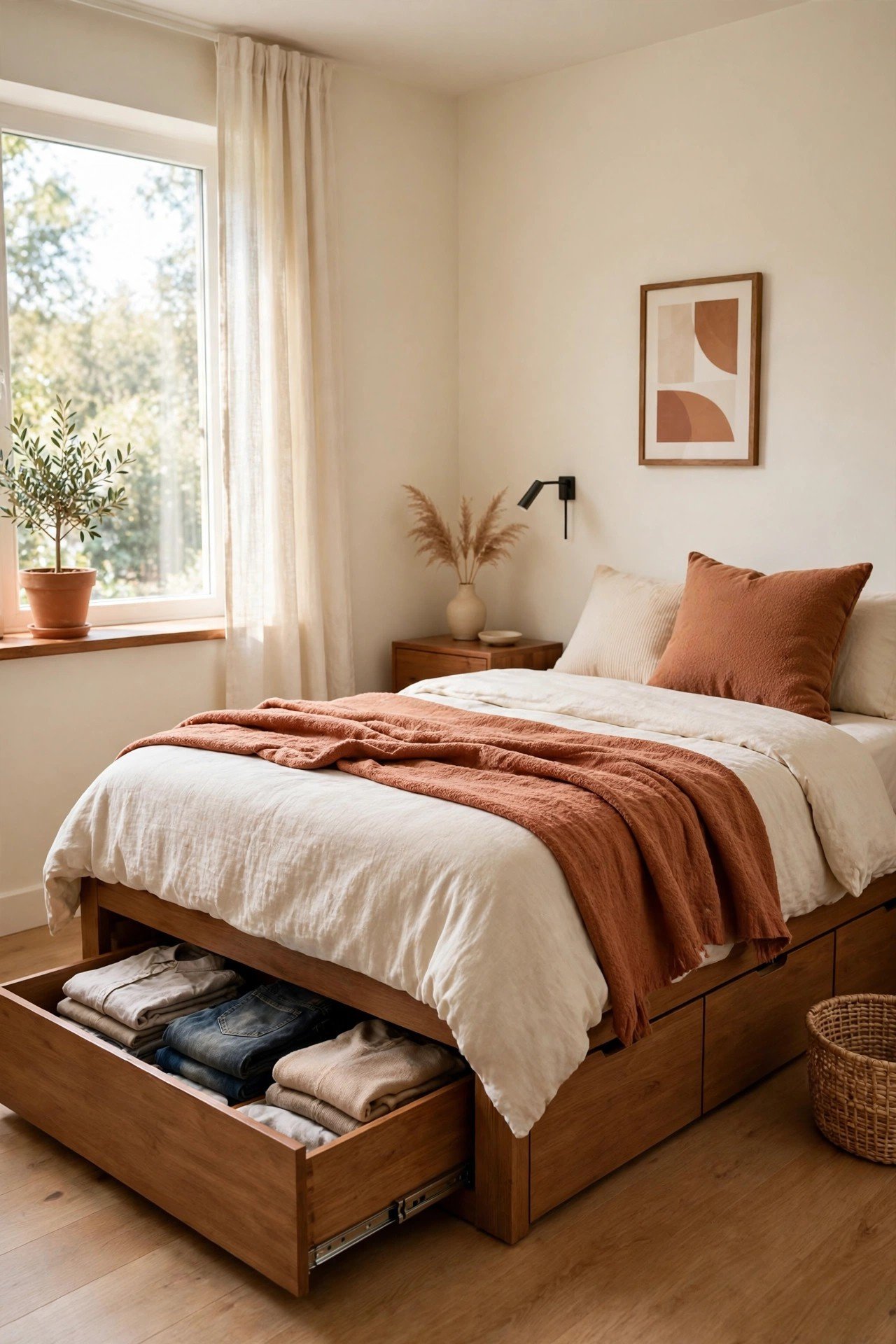 Queen bed with pull out storage drawers underneath holding folded clothes in a small bedroom
