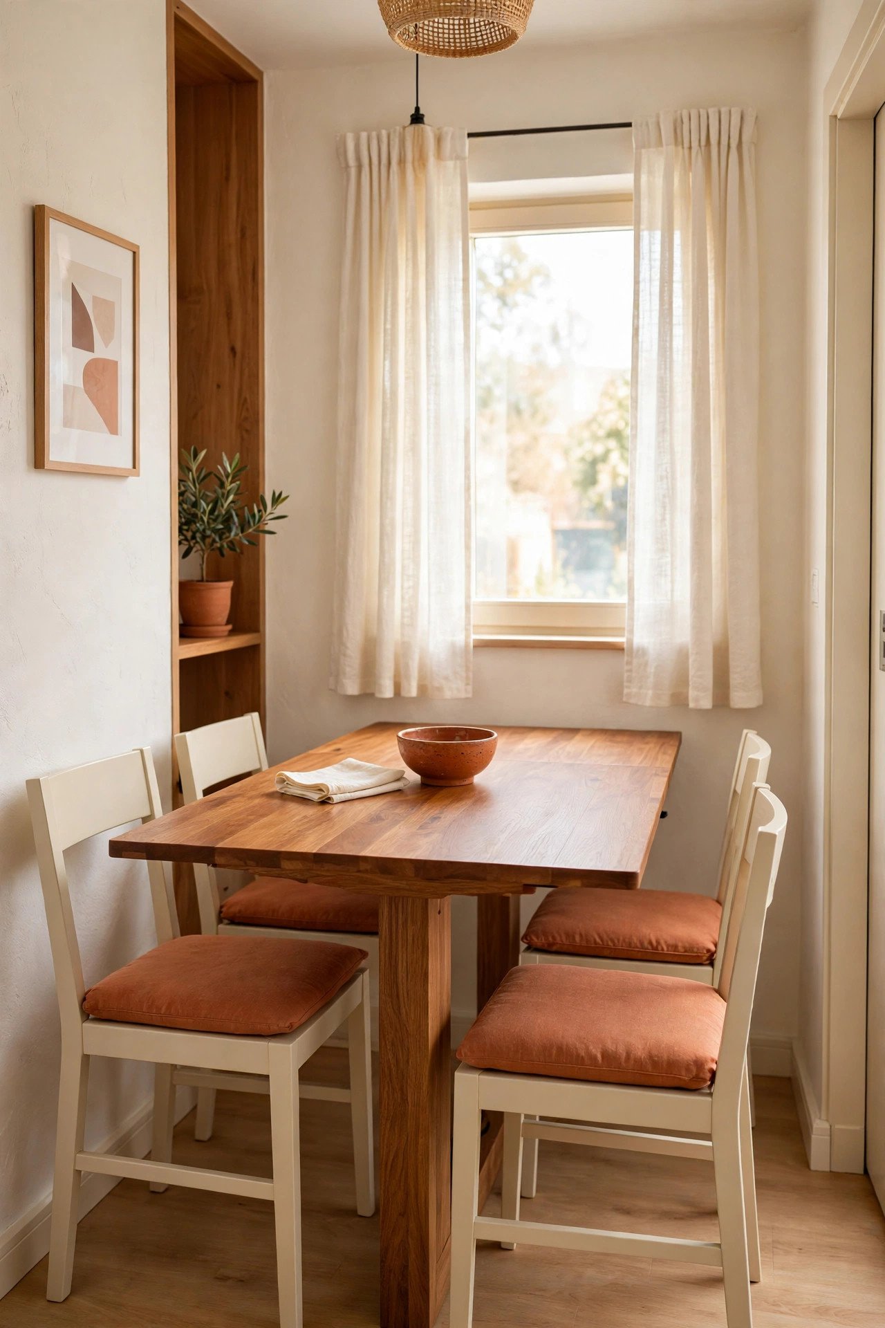 Extendable dining table layout idea showing a small wooden table with leaf extensions in a compact dining room