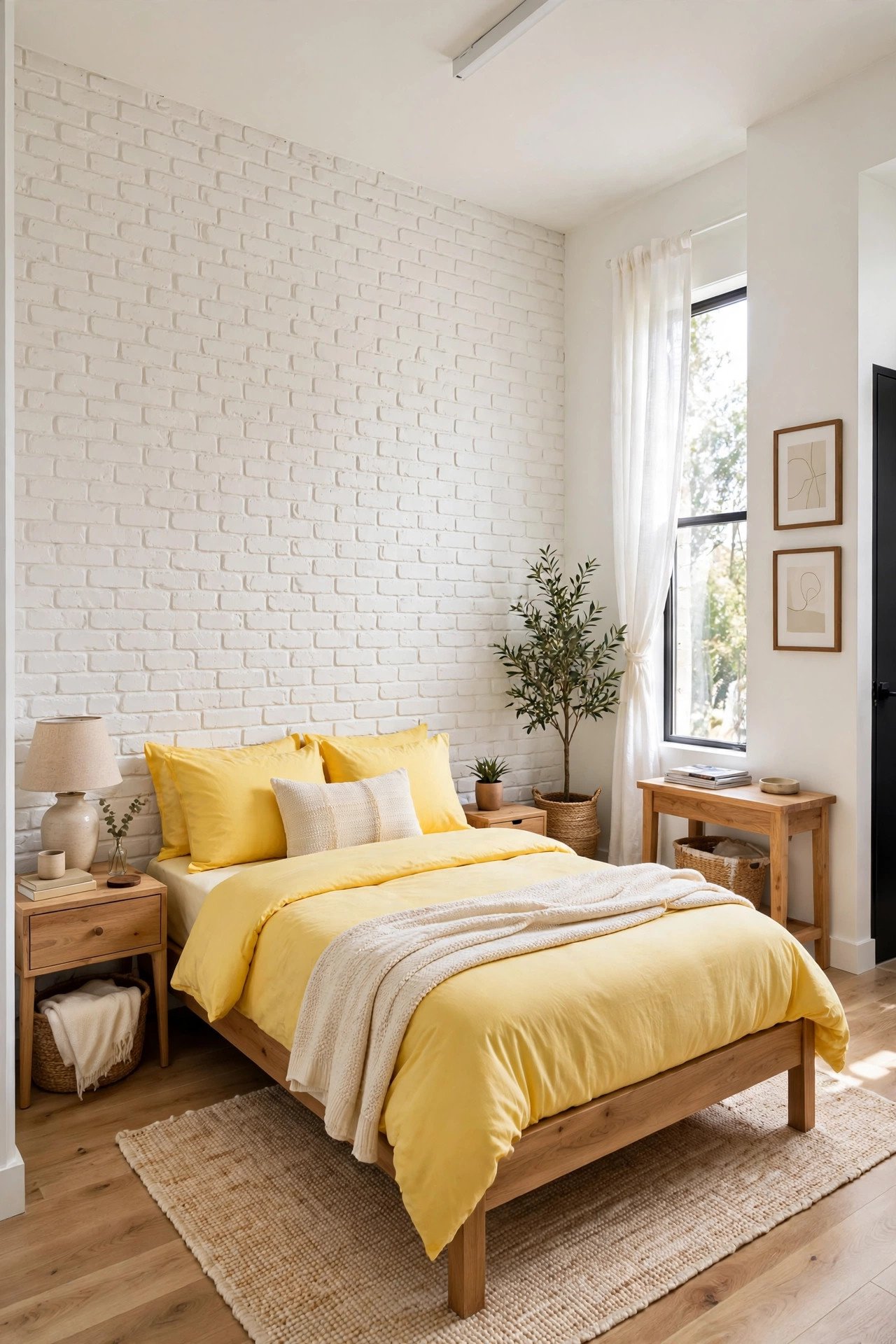Small guest room layout with bright yellow bedding, a white brick accent wall, and natural wood furniture