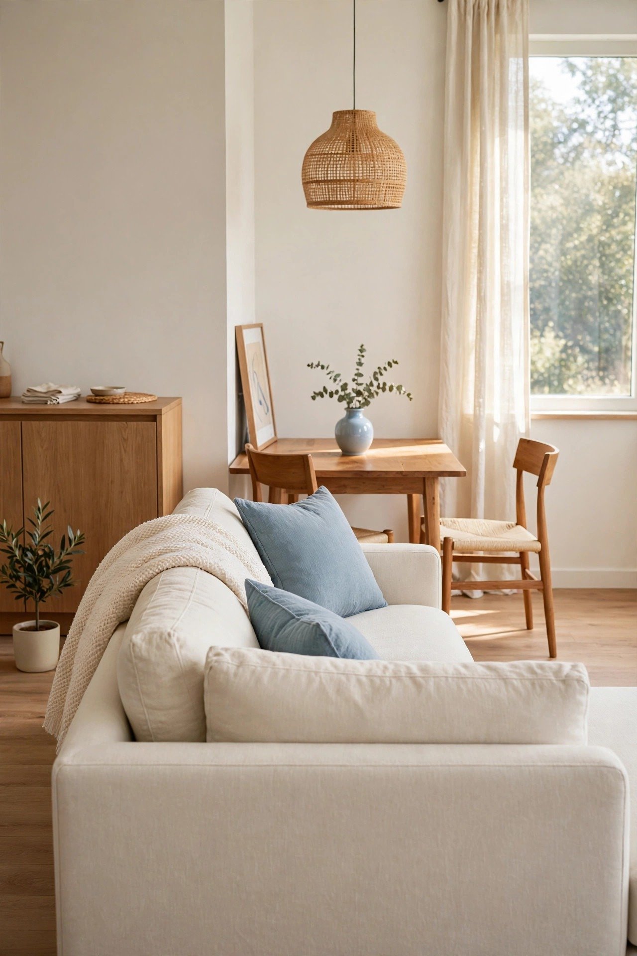 Living dining combo layout with the sofa back acting as a natural divider between the lounge zone and a small dining table