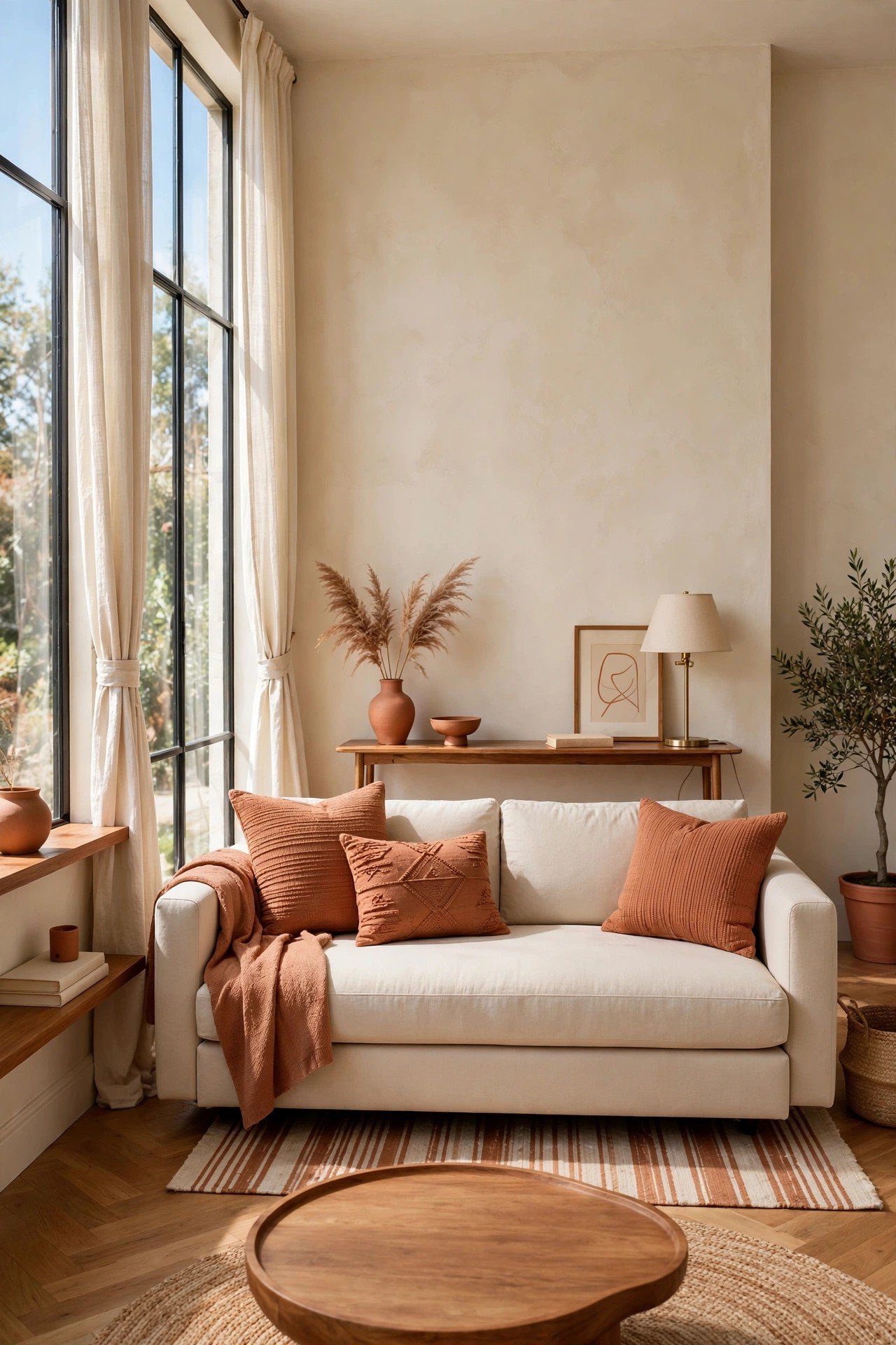 Small living room layout ideas showing a sofa pulled away from the wall with a slim console table behind it