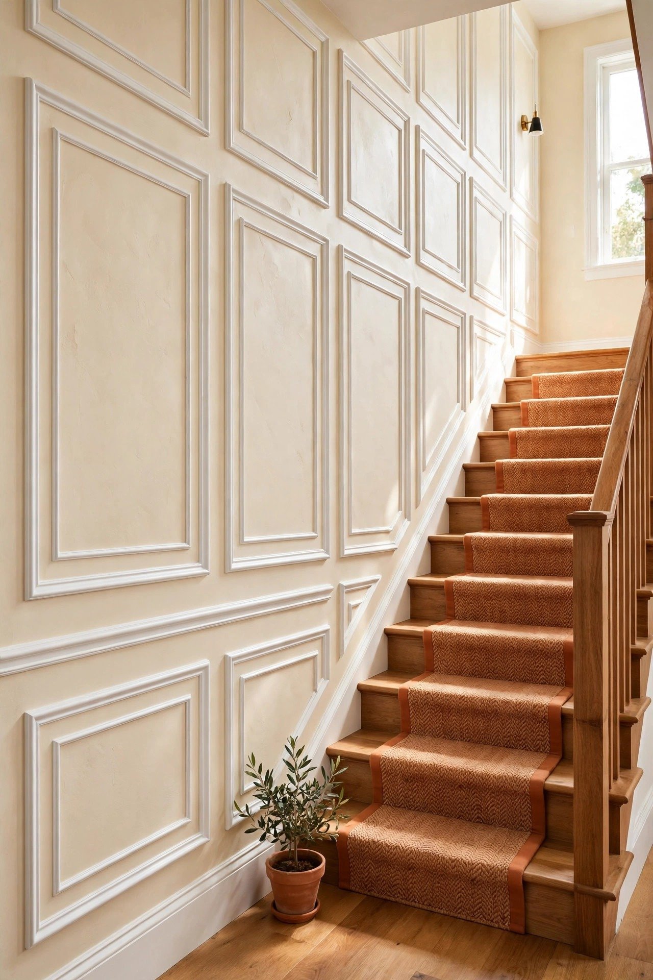 Decorative wall molding painted white on an elegant staircase wall