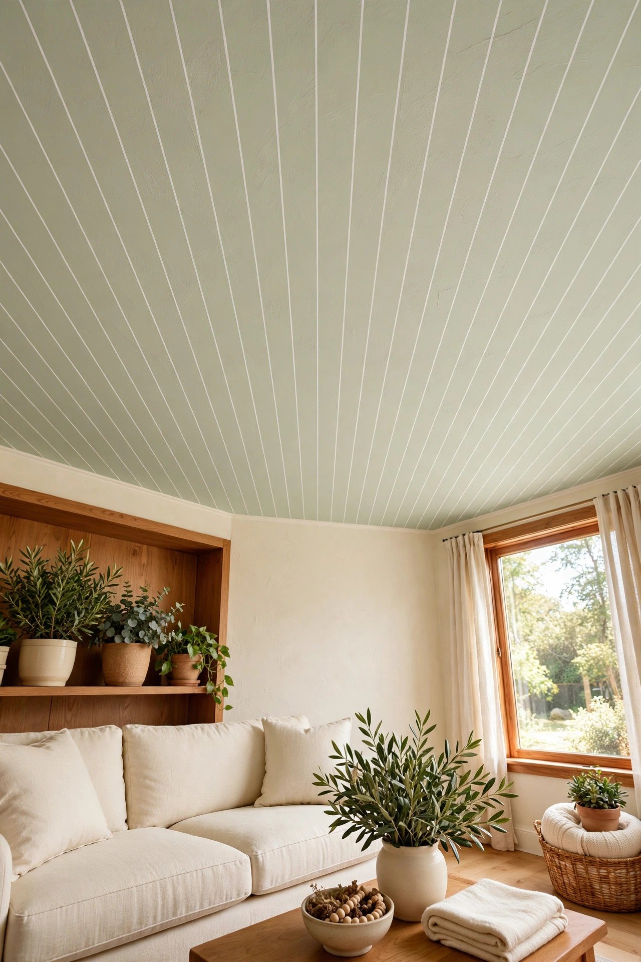 Thin pinstripe ceiling paint in white and pale sage adding subtle texture to a small living room