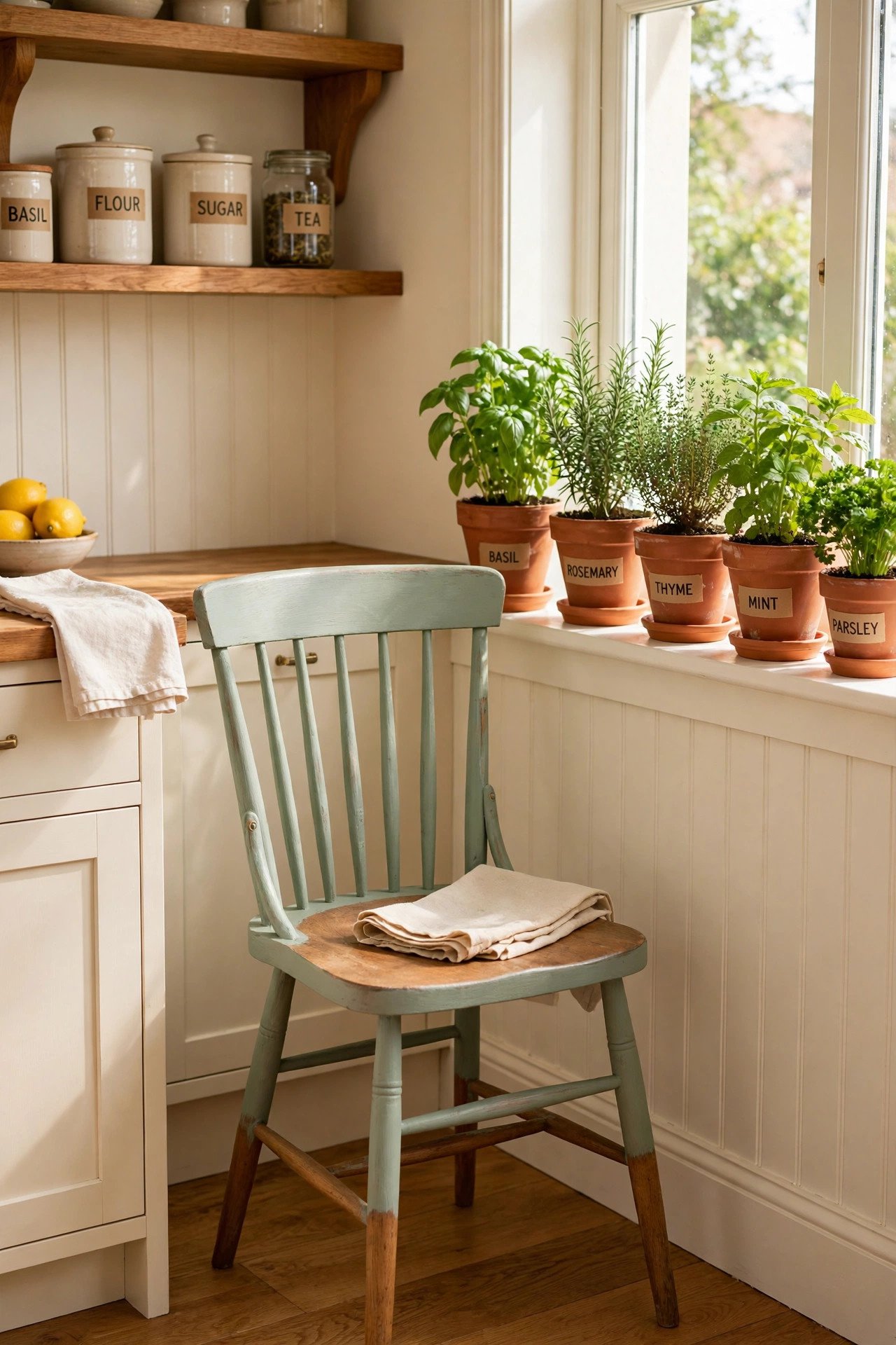 Thrifted wooden chair refreshed with soft sage chalk paint in a bright kitchen corner