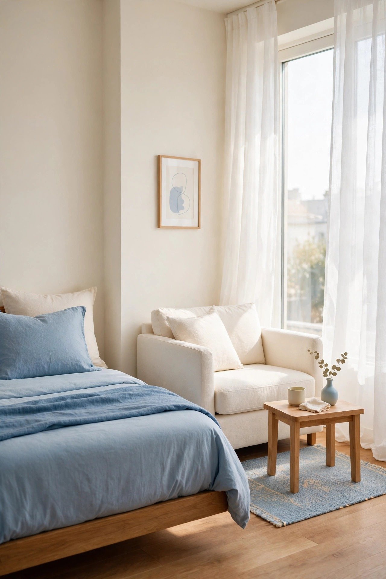 Tiny studio apartment layout idea with bright natural light streaming through sheer curtains in a soft blue and cream space