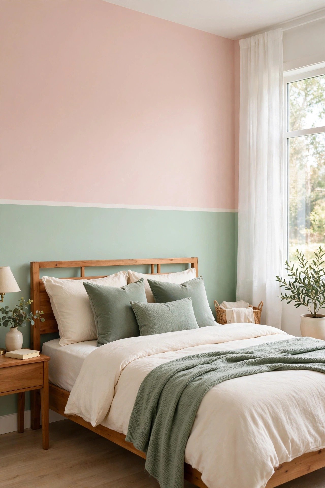 Soft pastel two tone wall paint ideas pairing blush pink with mint green in a bright bedroom