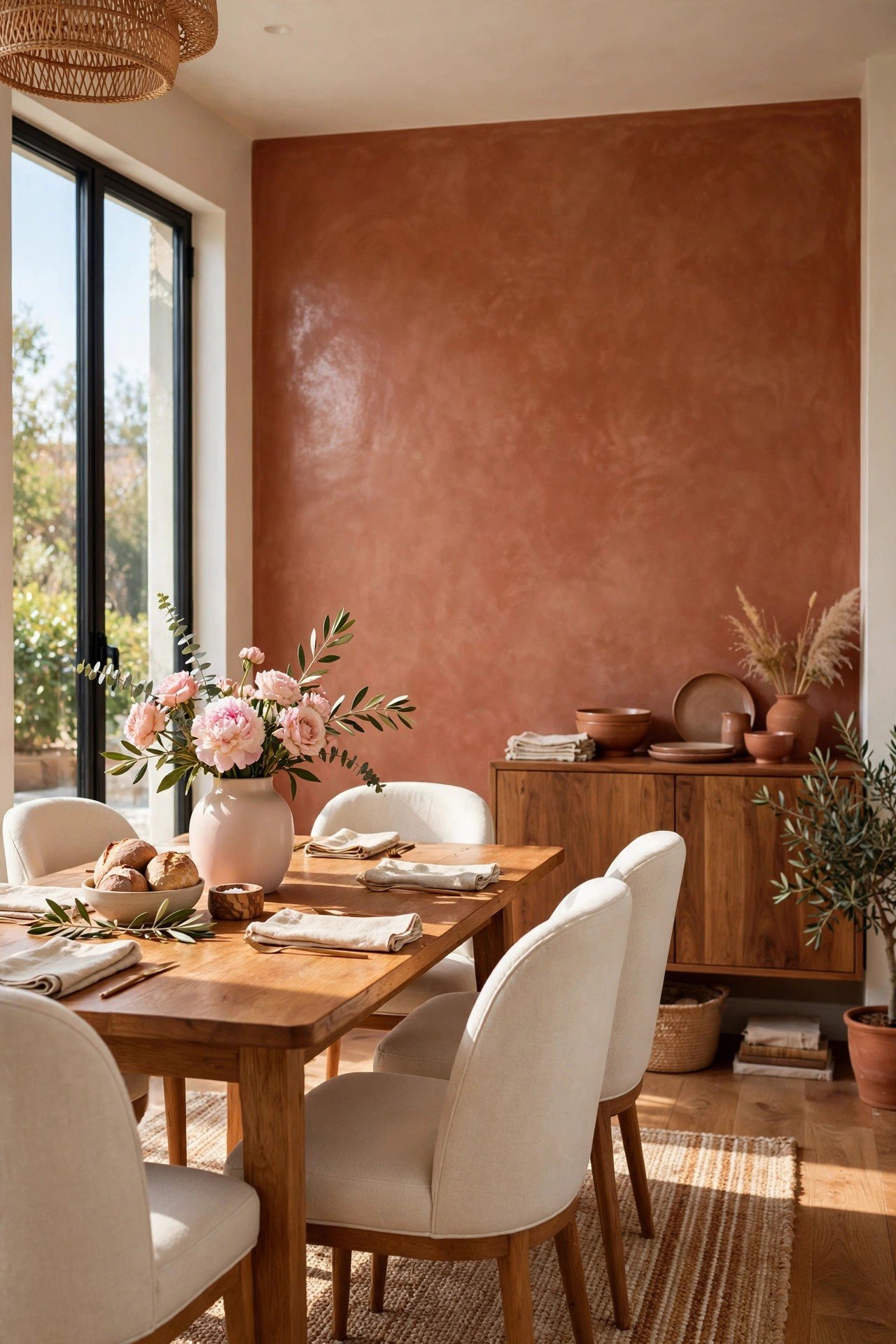 Terracotta Venetian plaster accent wall in a cozy dining room with warm wooden table