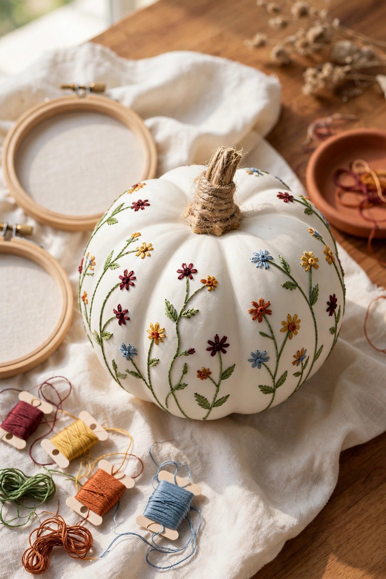 White pumpkin embroidered with colorful wildflower stitches on cream linen