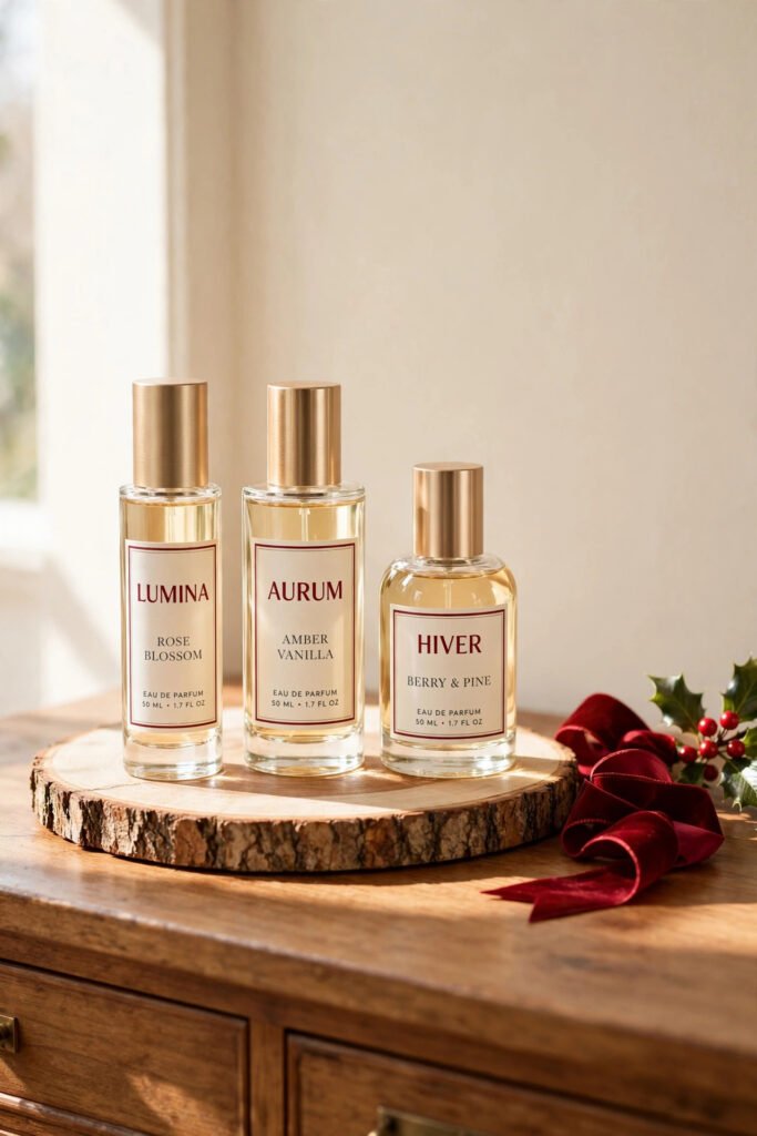 Perfume bottles on a raw wood slice tray in a rustic Christmas vanity setup